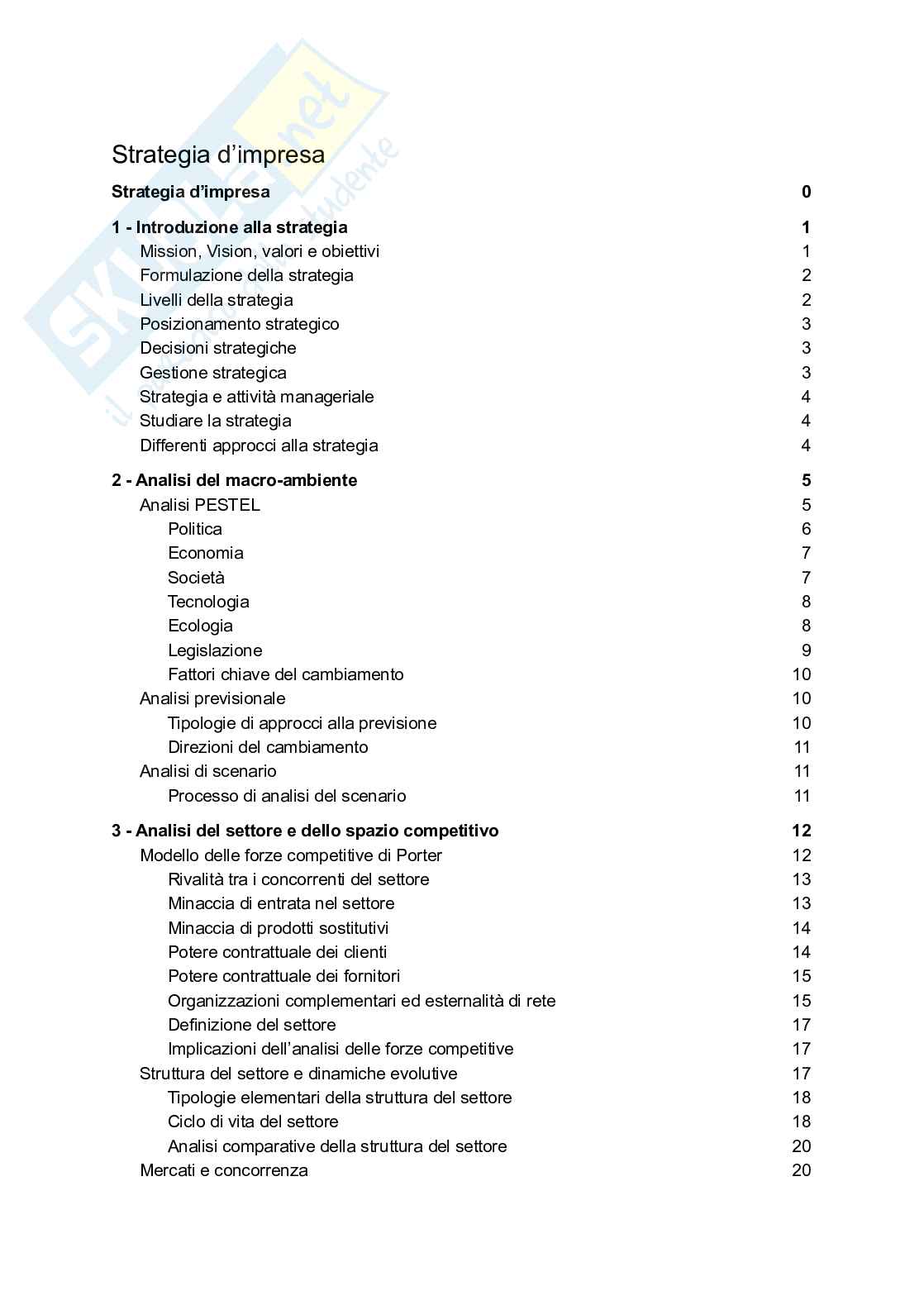 Riassunto esame Strategia d'impresa, Prof. Zampi Vincenzo, libro consigliato Strategia. Orientare organizzazioni e imprese in un mondo che cambia,  Johnson, Wittington, Scholes, Angwin, Régner, Paci Pag. 1