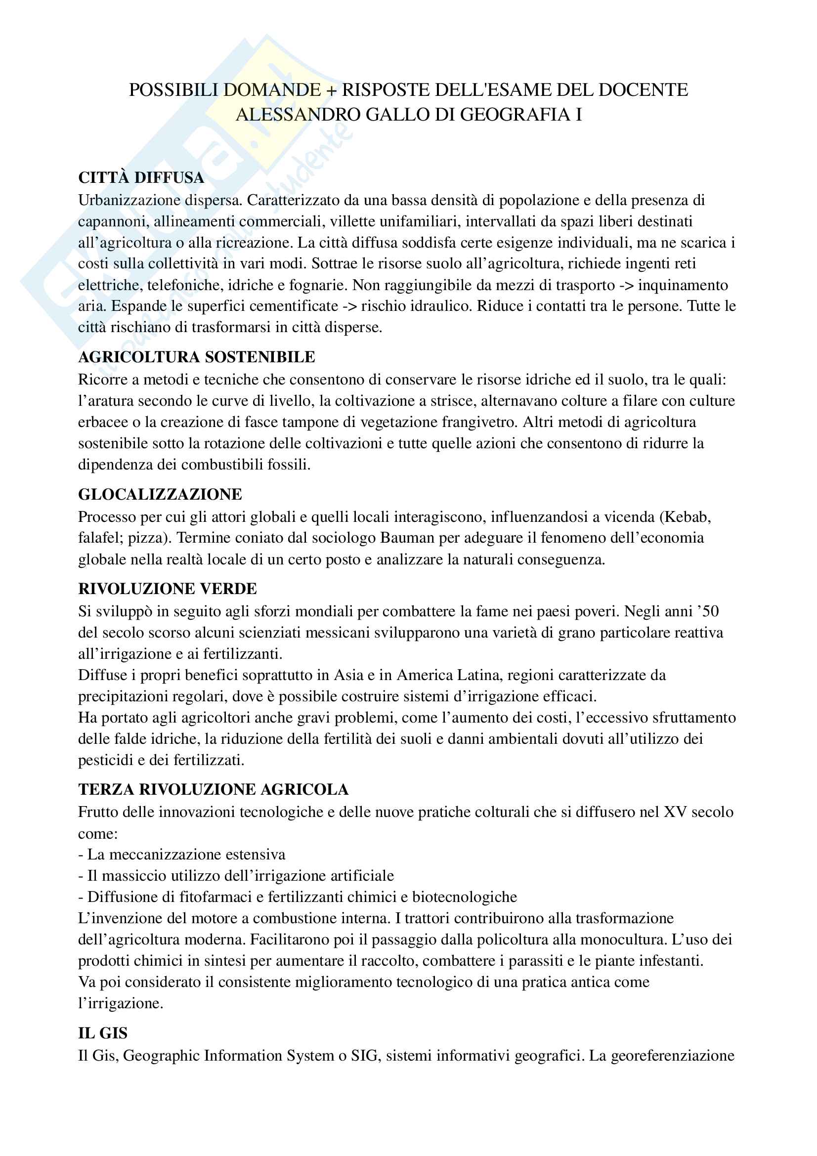Possibili domande + Risposte per esame di Geografia I del docente