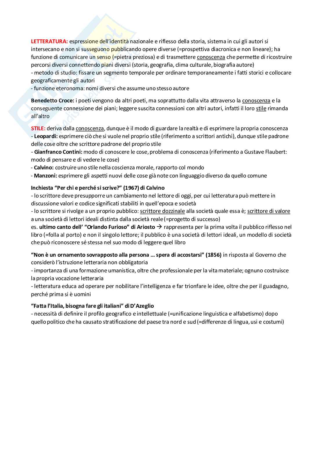 Letteratura Italiana (B024354) - Appunti completi, schema autori e opere, domande | SFP Notes Vol. 01 Pag. 1