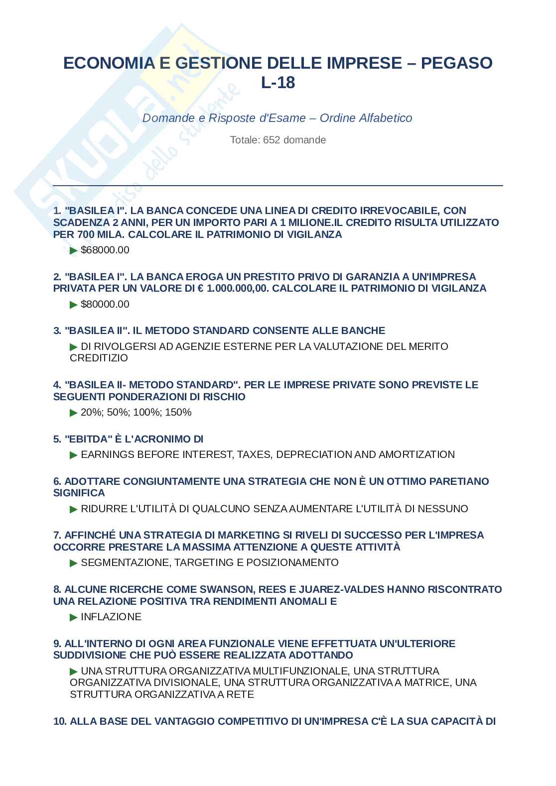 Domande e risposte Economia e gestione delle imprese, ordine alfabetico 2025 Pag. 1