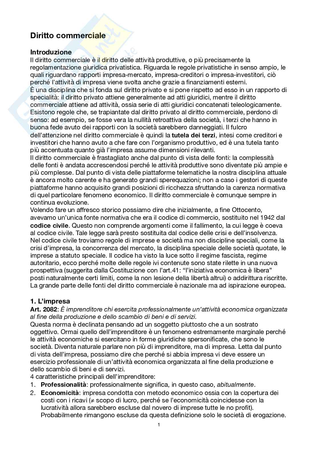 Riassunto esame Diritto commerciale , Prof. Santagata De Castro Renato, libro consigliato Diritto commerciale, Marco Cian Pag. 1