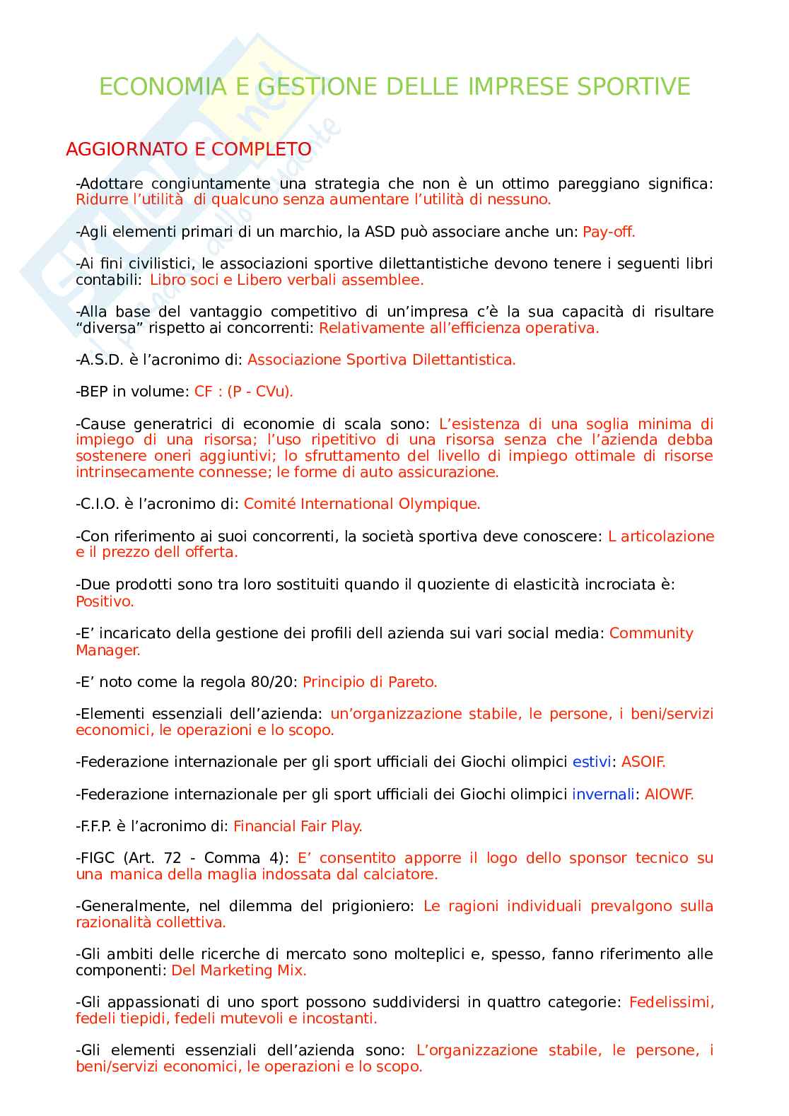 Paniere Economia e gestione delle imprese sportive. Aggiornato e completo. In ordine Pag. 1