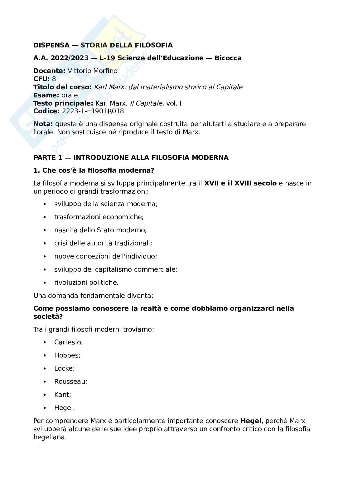 Riassunto esame Storia della filosofia , Prof. Morfino Vittorio, libro consigliato Il Capitale, vol. I, Marx Pag. 1