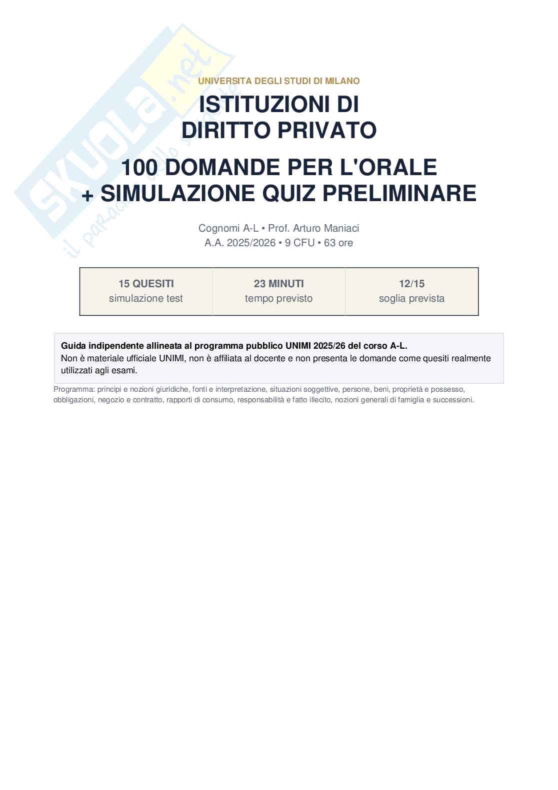 Istituzioni di diritto privato - Domande + Quiz 2025/2026 Pag. 1