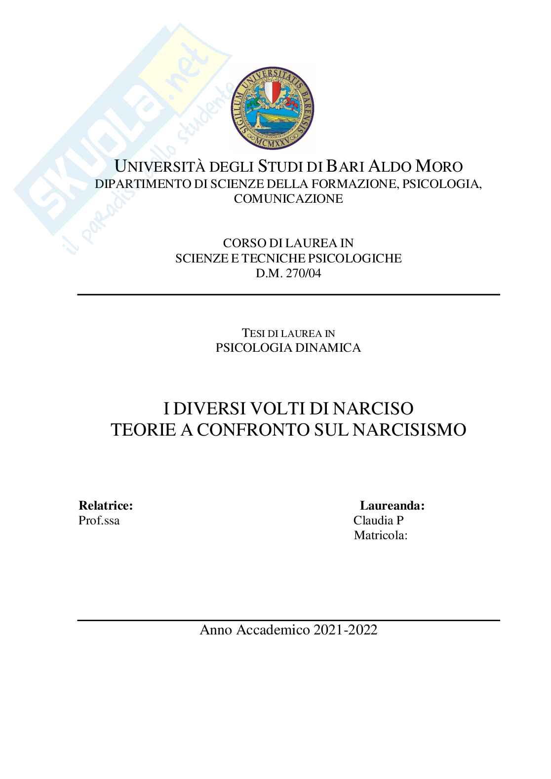 Diversi volti di Narciso, teorie a confronto sul narcisismo Pag. 1