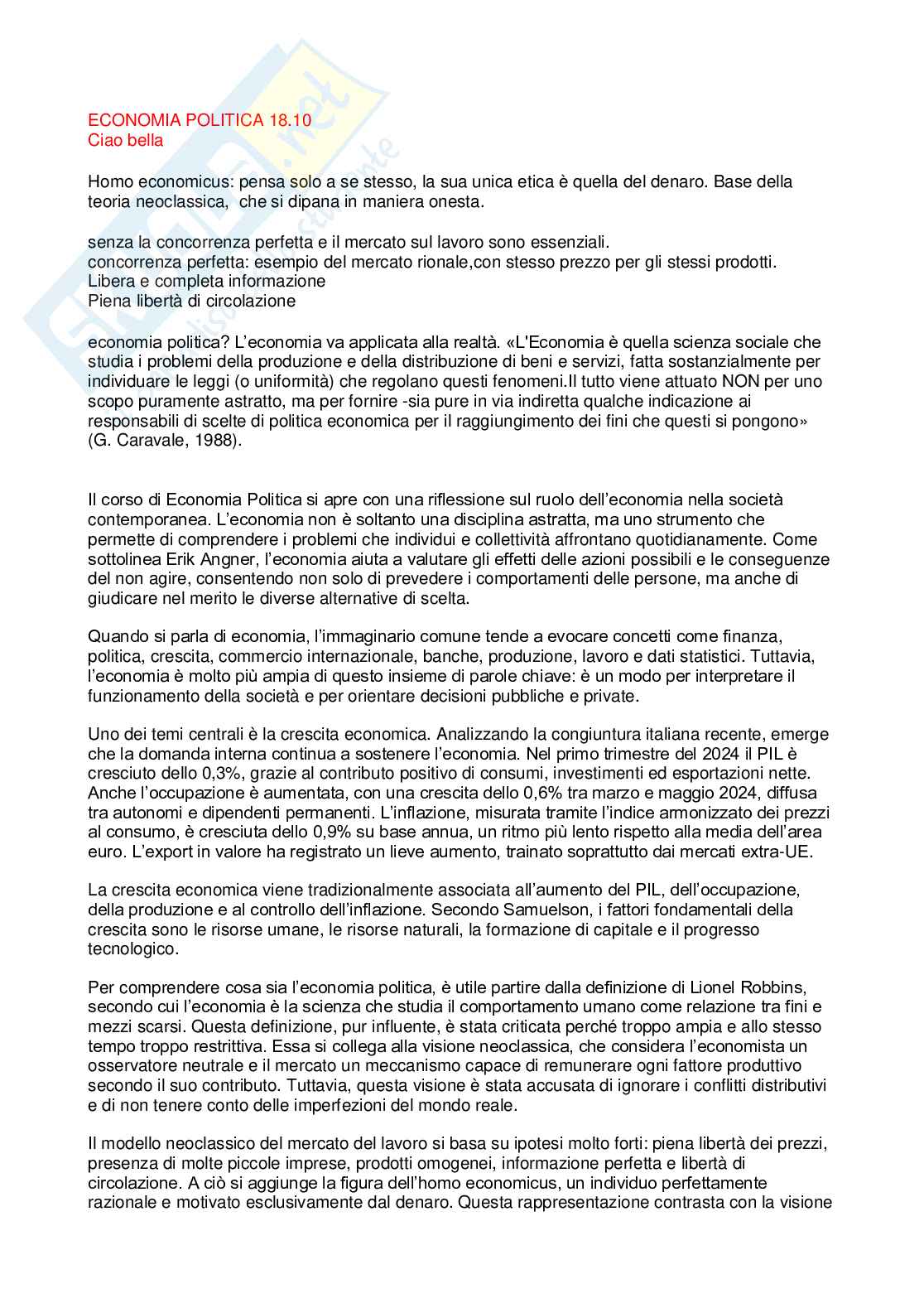 Riassunto esame Economia politica, Prof. Perone Simona, libro consigliato Economia, Begg Pag. 1