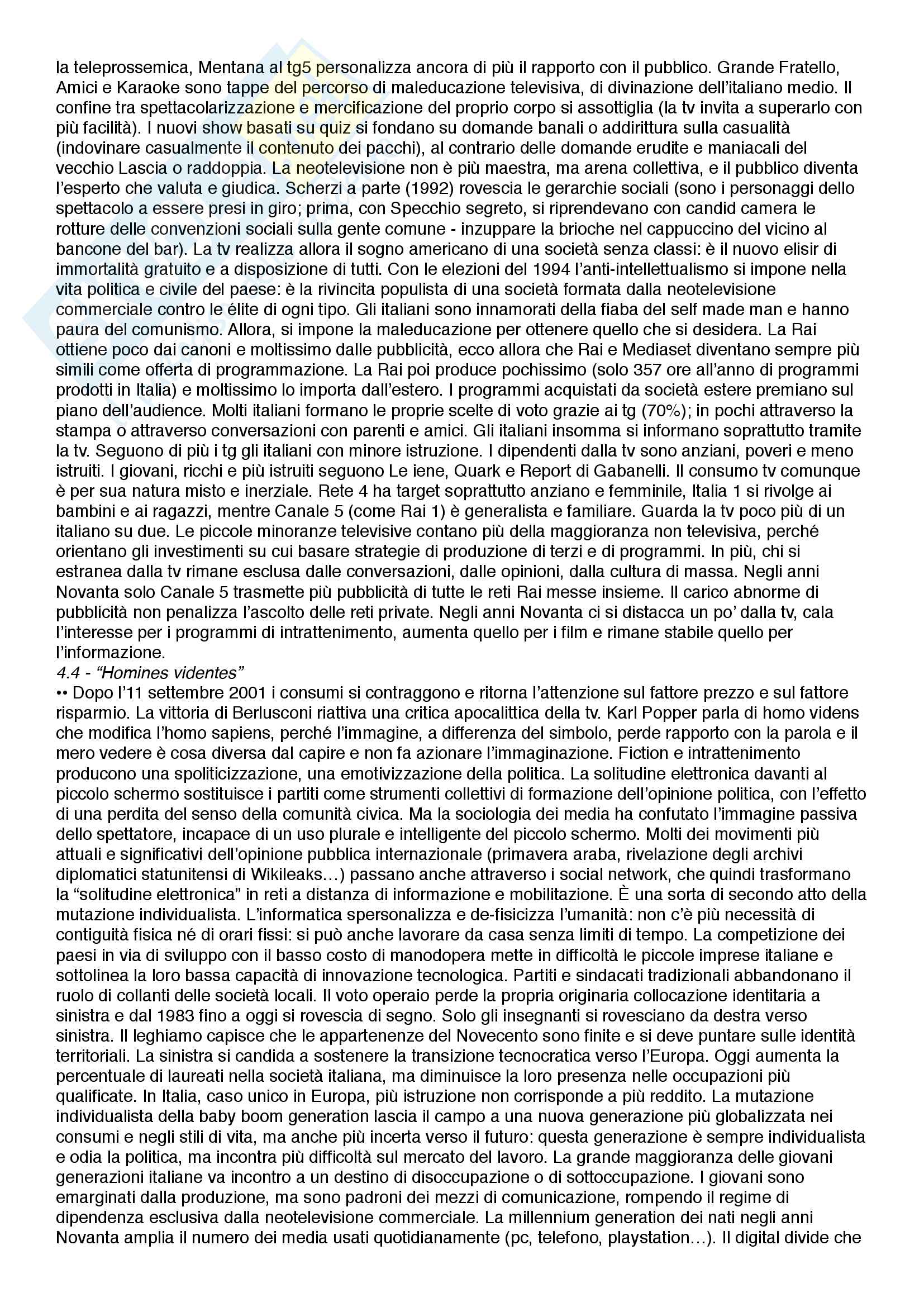 Riassunto esame Storia dell'Italia contemporanea, prof. Scornajenghi, libro consigliato La mutazione individualista - Gli italiani e la televisione dal 1954 al 2011, Gozzini Pag. 11