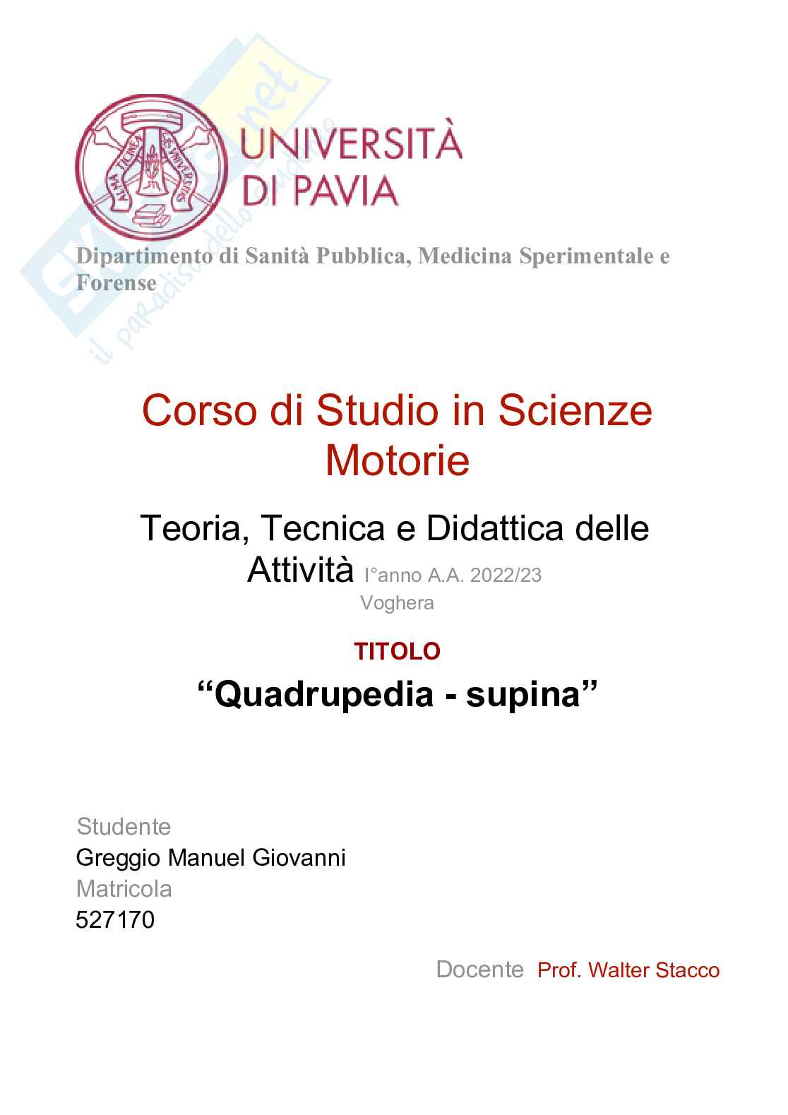 ESAME di TTD - triennale scienze motorie - Primo anno   Pag. 1