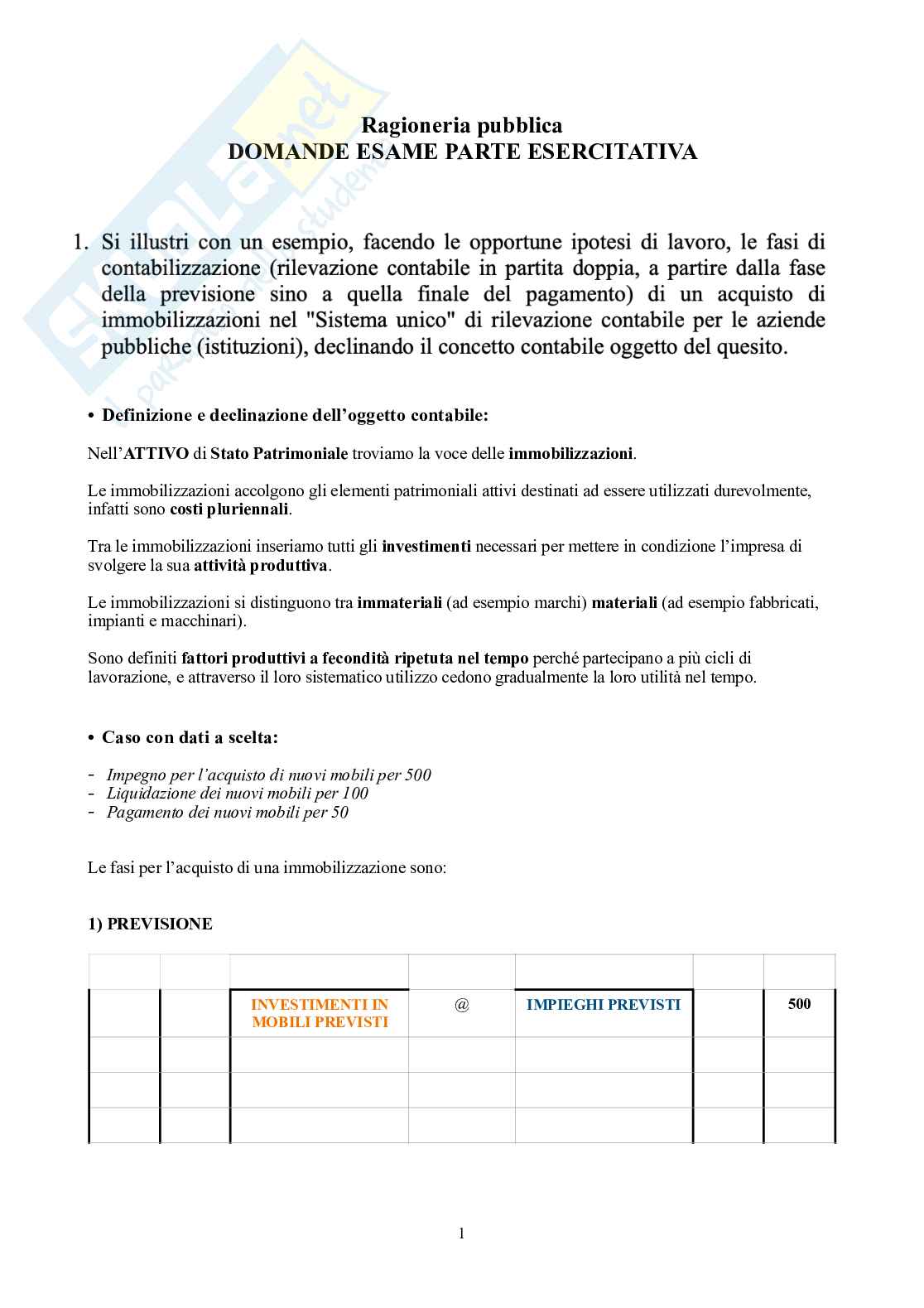 Ragioneria pubblica – Parte 1 – Domande d'esame della parte esercitativa svolte Pag. 1
