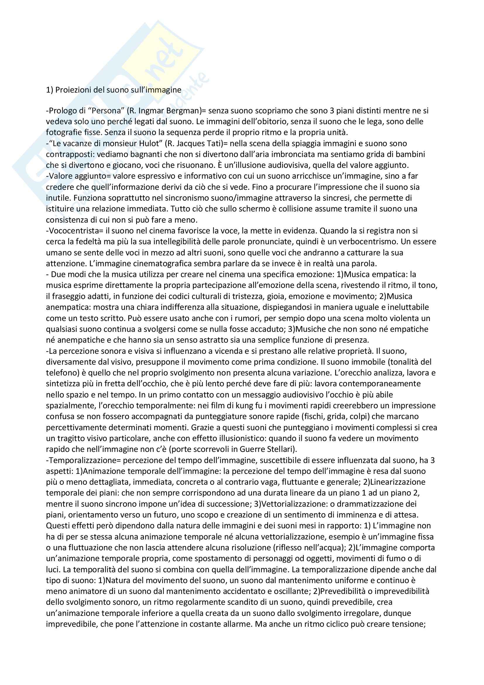 Riassunto esame Musica e Cinema, prof. Vittorini, libro consigliato L'Audiovisione, Chion Pag. 1