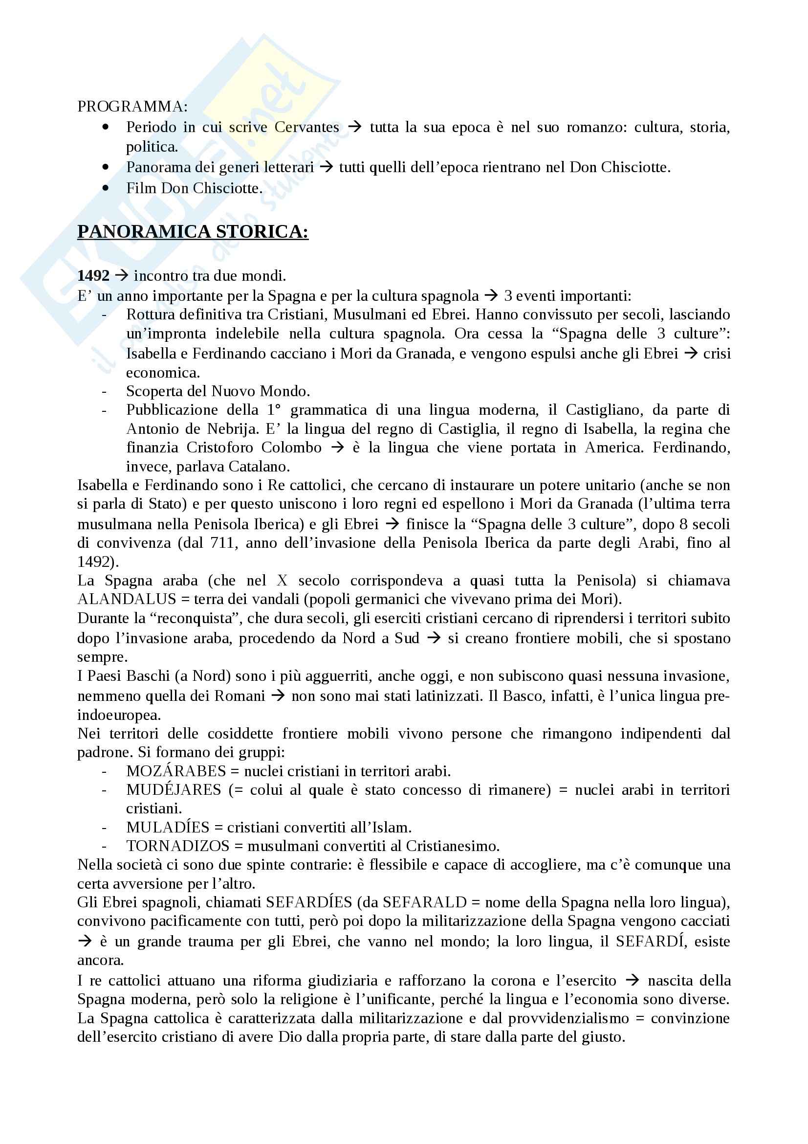 Lingua e Letteratura Spagnola - Cervantes e Don Chisciotte Pag. 1