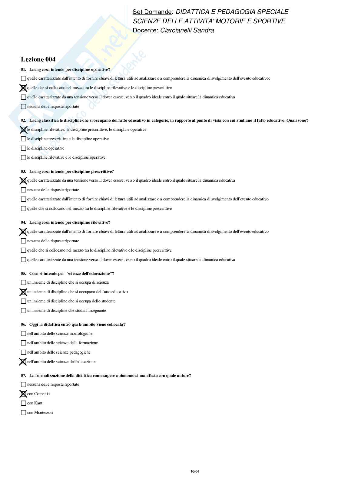 Risposte Chiuse Didattica e Pedagogia Speciale Pag. 16