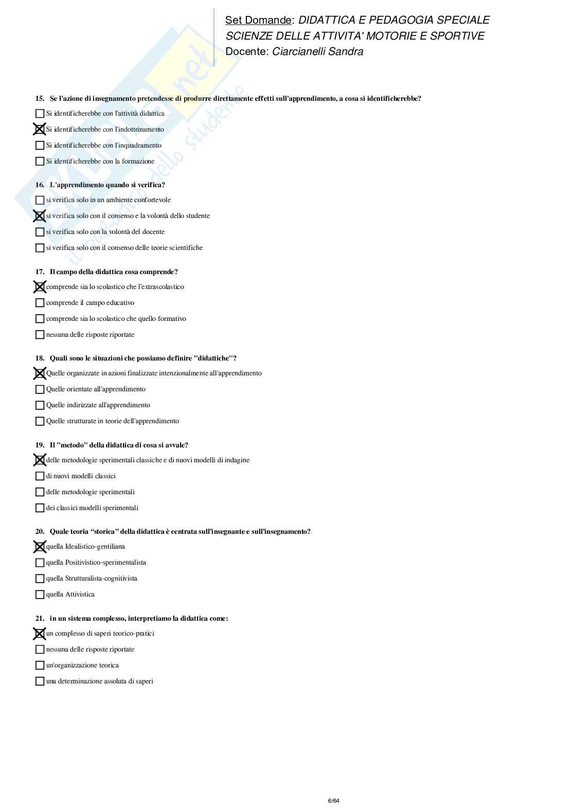 Risposte Chiuse Didattica e Pedagogia Speciale Pag. 6
