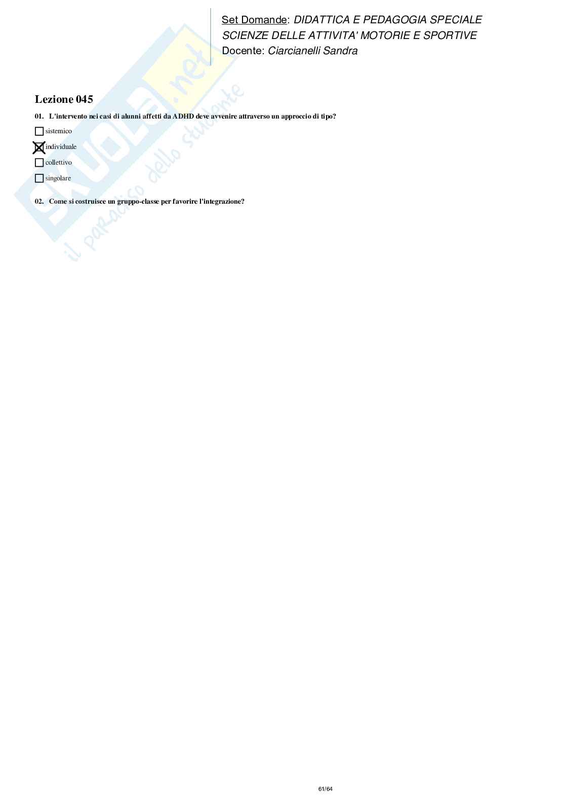 Risposte Chiuse Didattica e Pedagogia Speciale Pag. 61