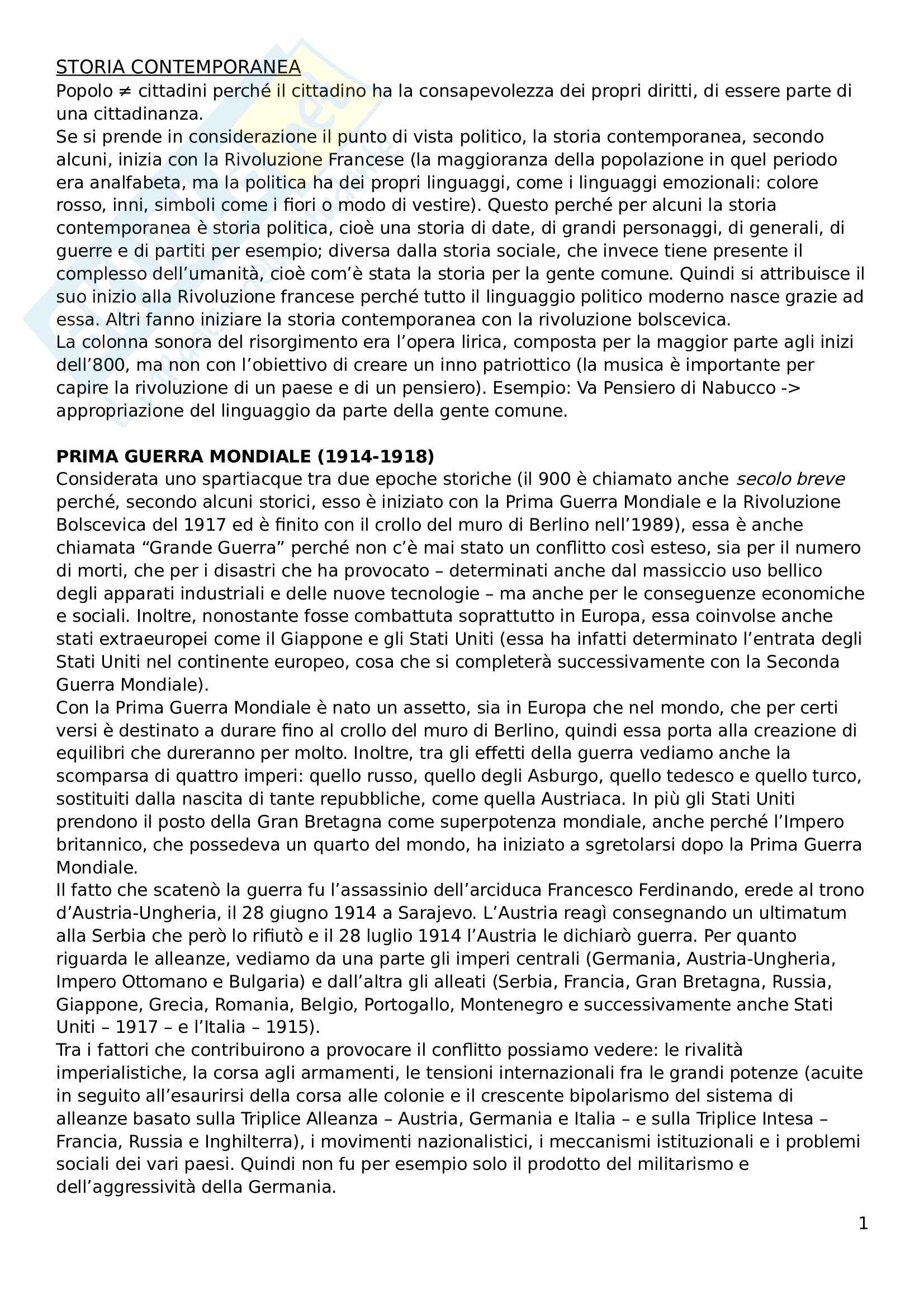 Riassunto esame Storia contemporanea, prof. Pivato, libro consigliato: Storia Contemporanea, vol. 2: Il Novecento, Detti, Gozzini Pag. 1
