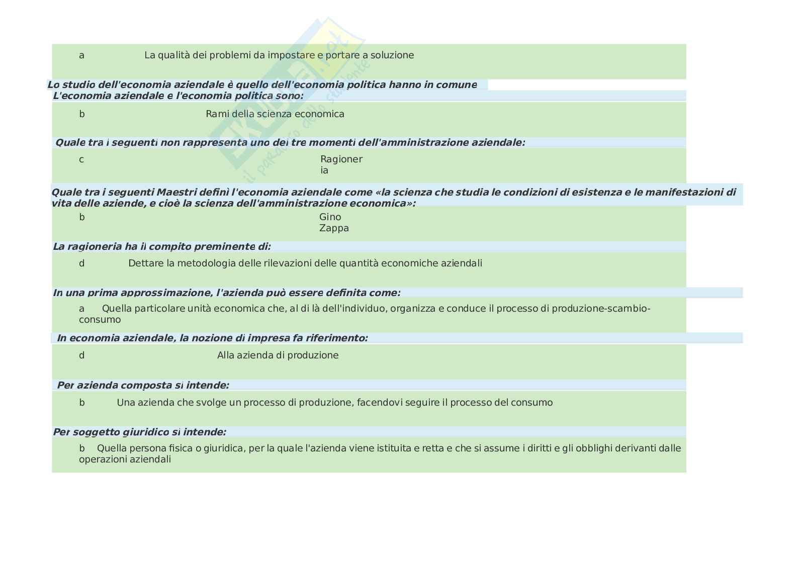 Paniere Economia aziendale, Prove d'esame di Economia aziendale Pag. 1