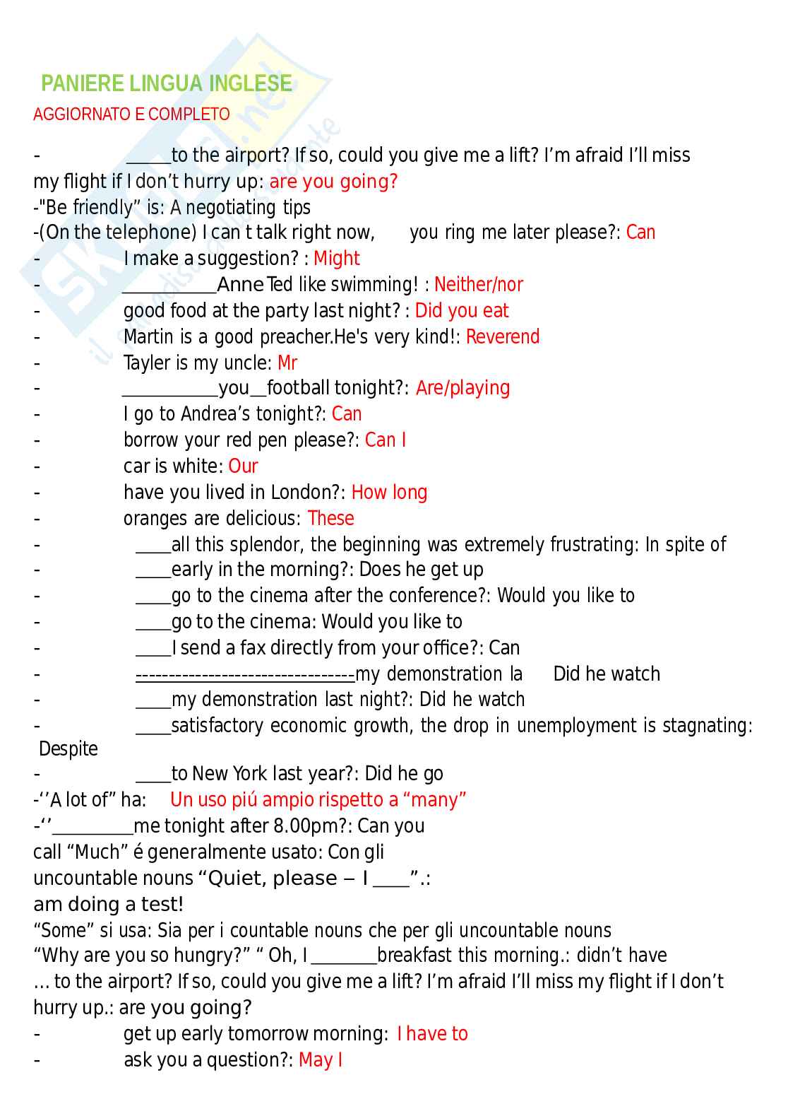 Paniere Lingua inglese, aggiornato e completo. In ordine Pag. 1