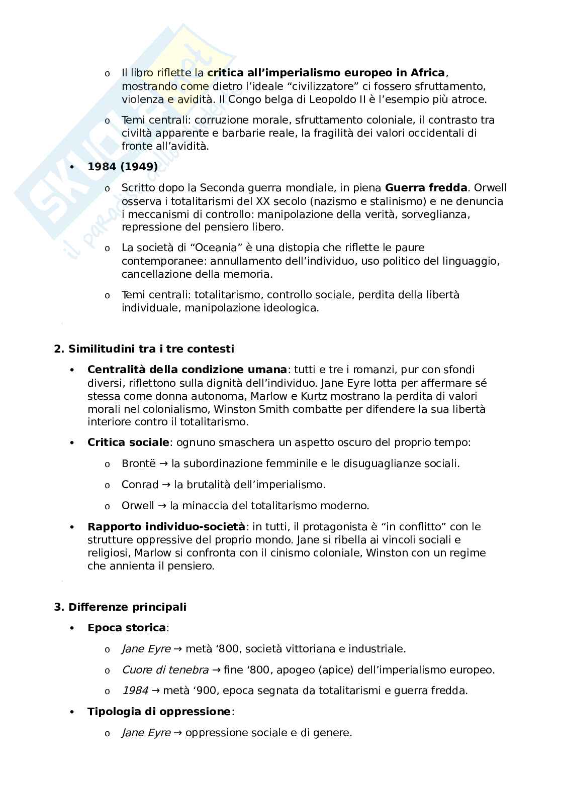 Riassunto esame Letteratura inglese I, Prof. Ambrosini Richard, libro consigliato Cuore di Tenebra, 1984 e Jane Eyre, confronto, Conrad, Orwell, Bronte Pag. 2