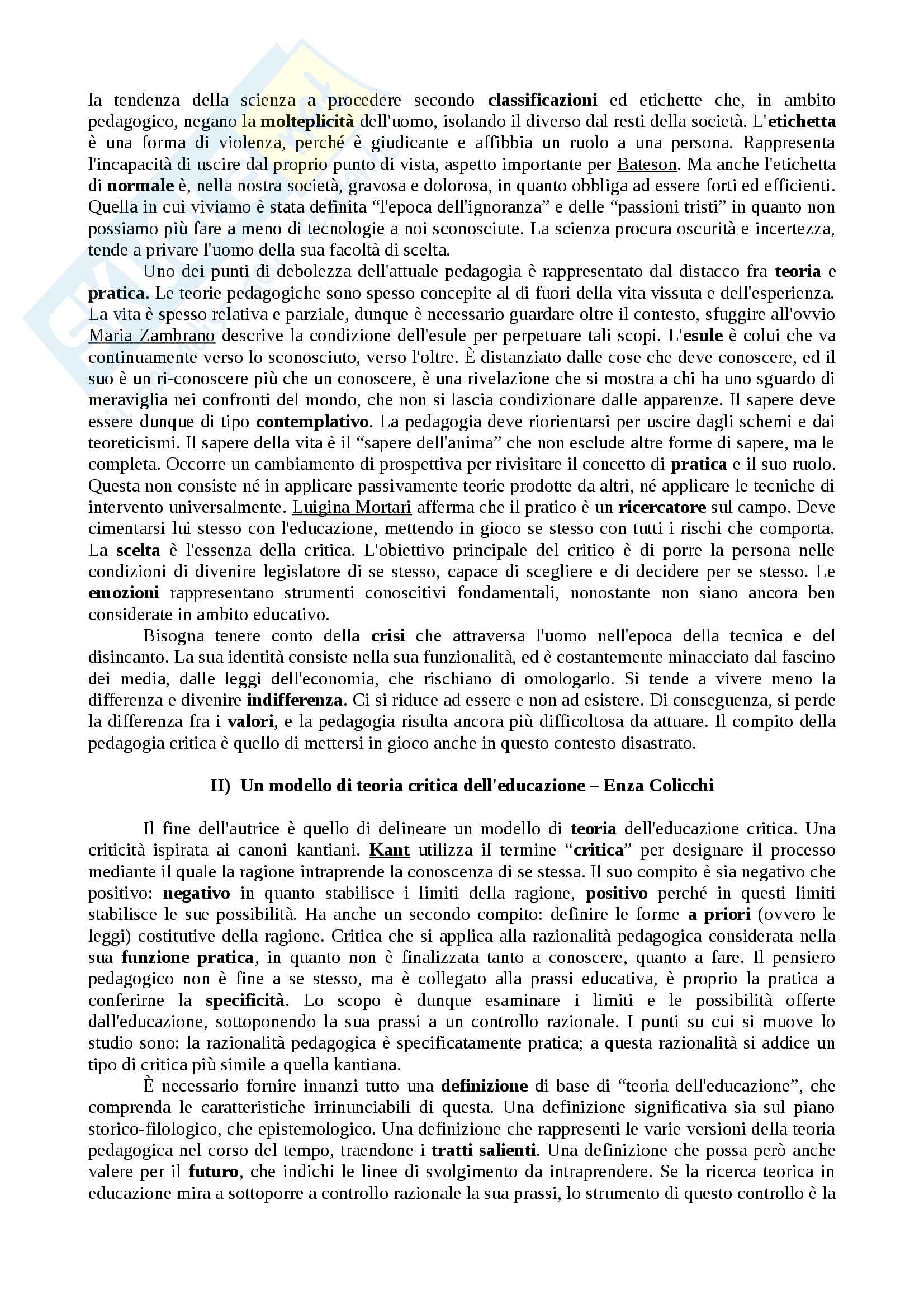 Riassunto esame Pedagogia Generale, prof. Colicchi, libro consigliato Per una Pedagogia Critica Pag. 2