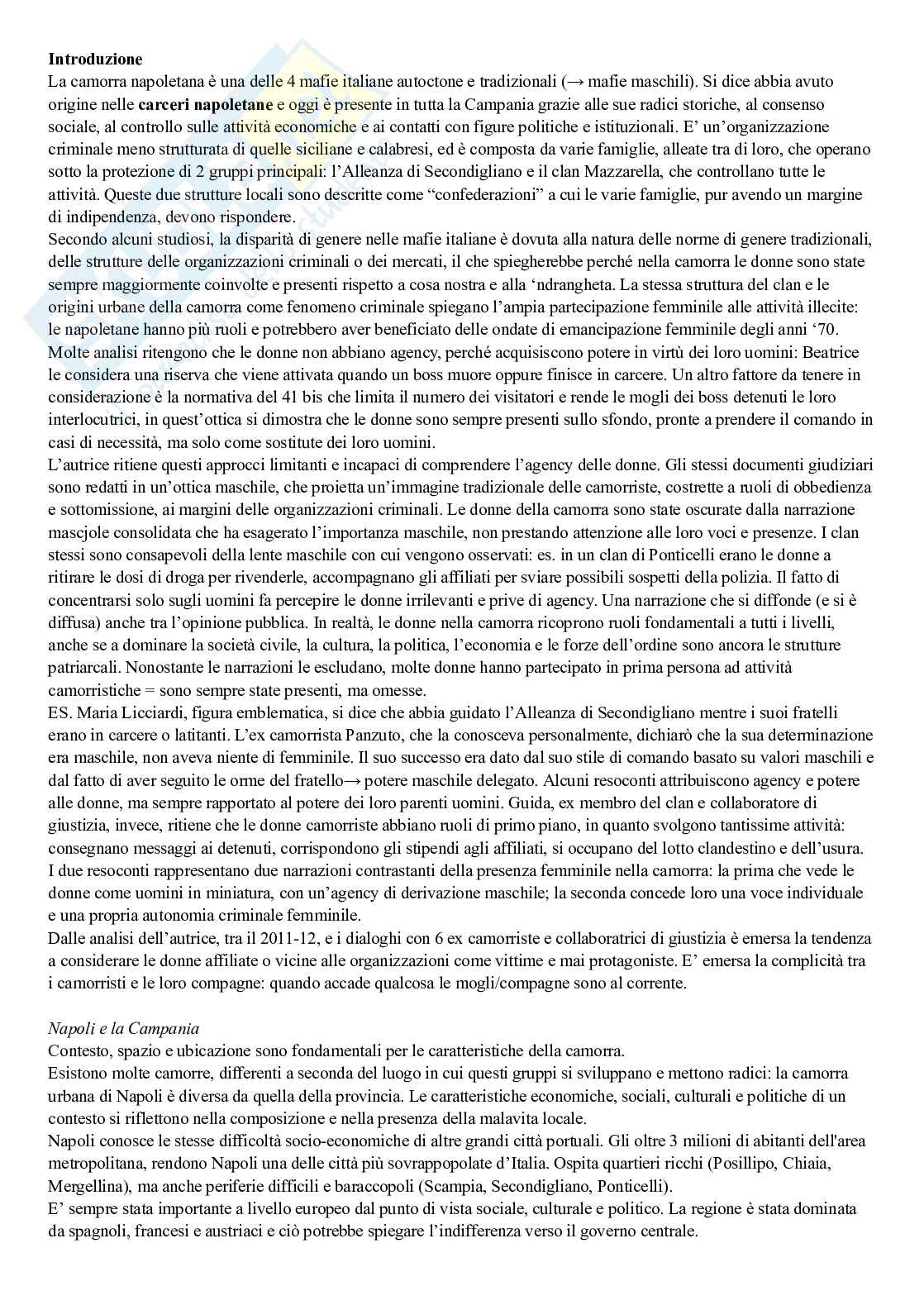 Riassunto esame Processi di regolazione e reti criminali, Prof. Sciarrone Rocco, libro consigliato Donne di camorra. Il volto nascosto del potere criminale, Allum Pag. 1