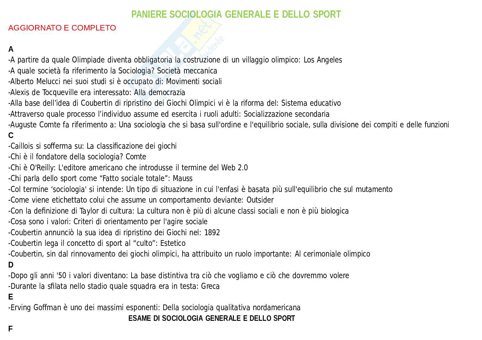 Domande e risposte Sociologia generale e dello sport. Aggiornato e completo. In ordine Pag. 1