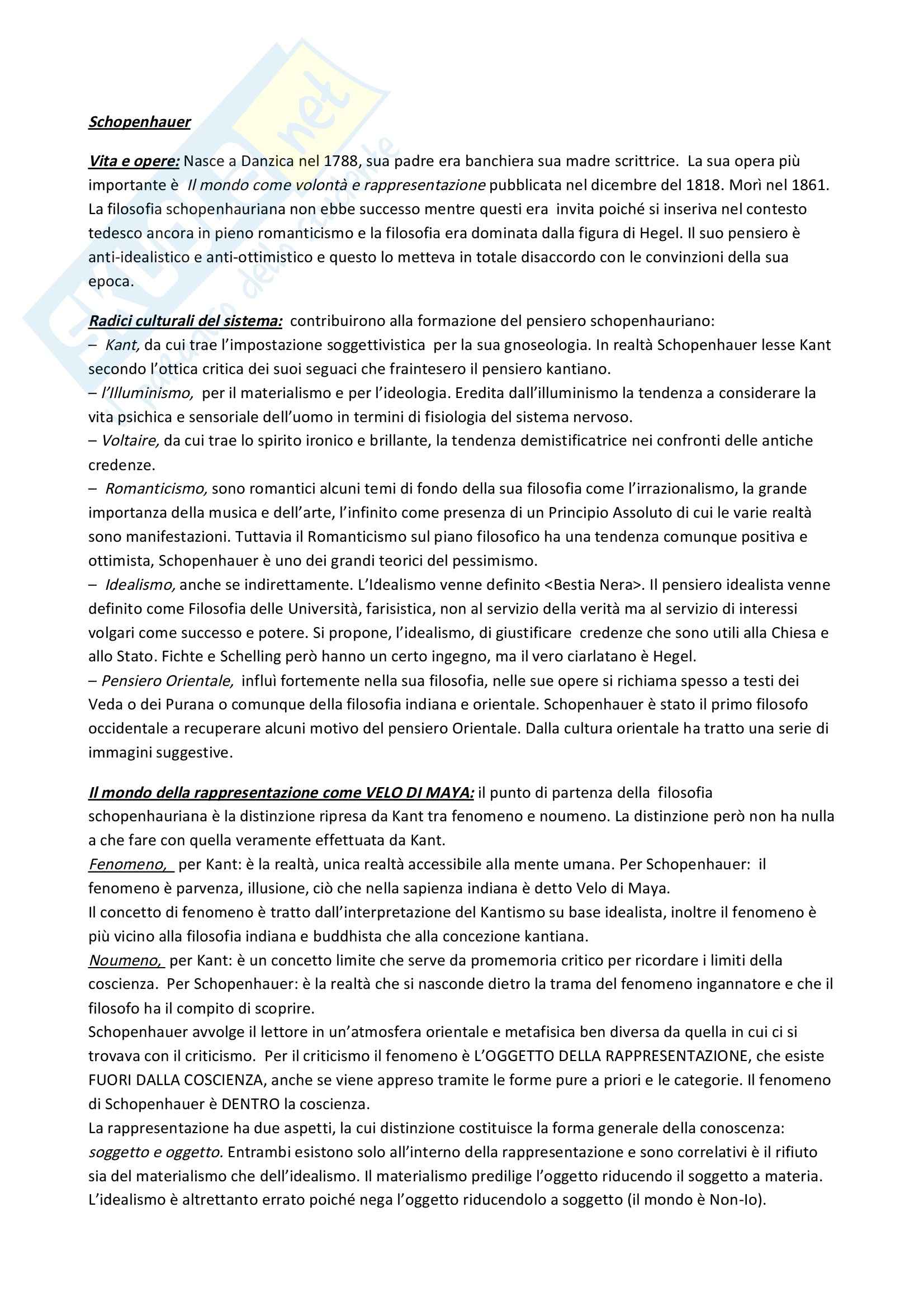 Filosofia - vita, opere e pensiero di Schopenauer Pag. 1