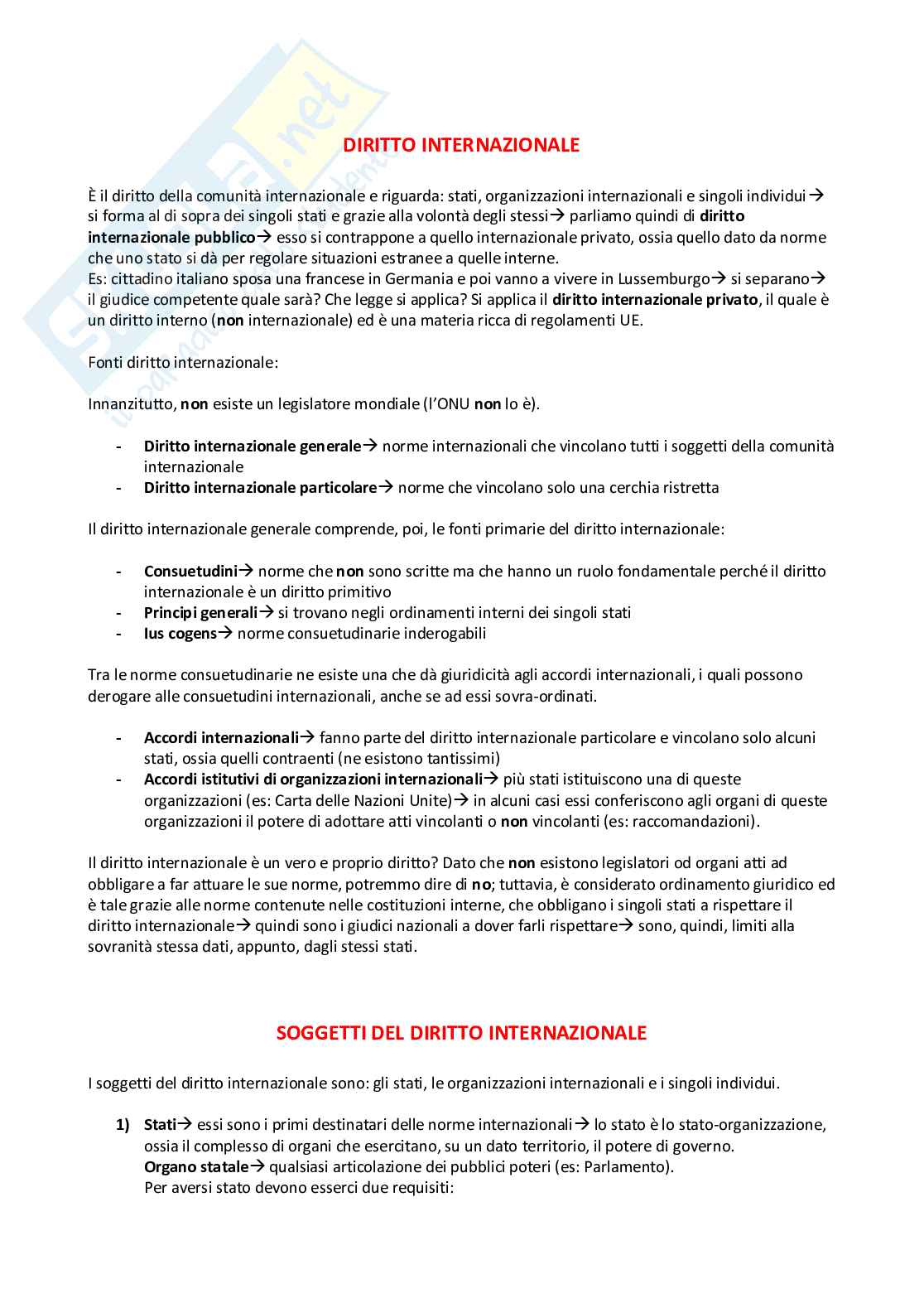 Appunti presi a lezione per l'esame di Diritto internazionale, basati sul manuale Diritto internazionale - XII edizione, Benedetto Conforti e Massimo Iovane Pag. 1