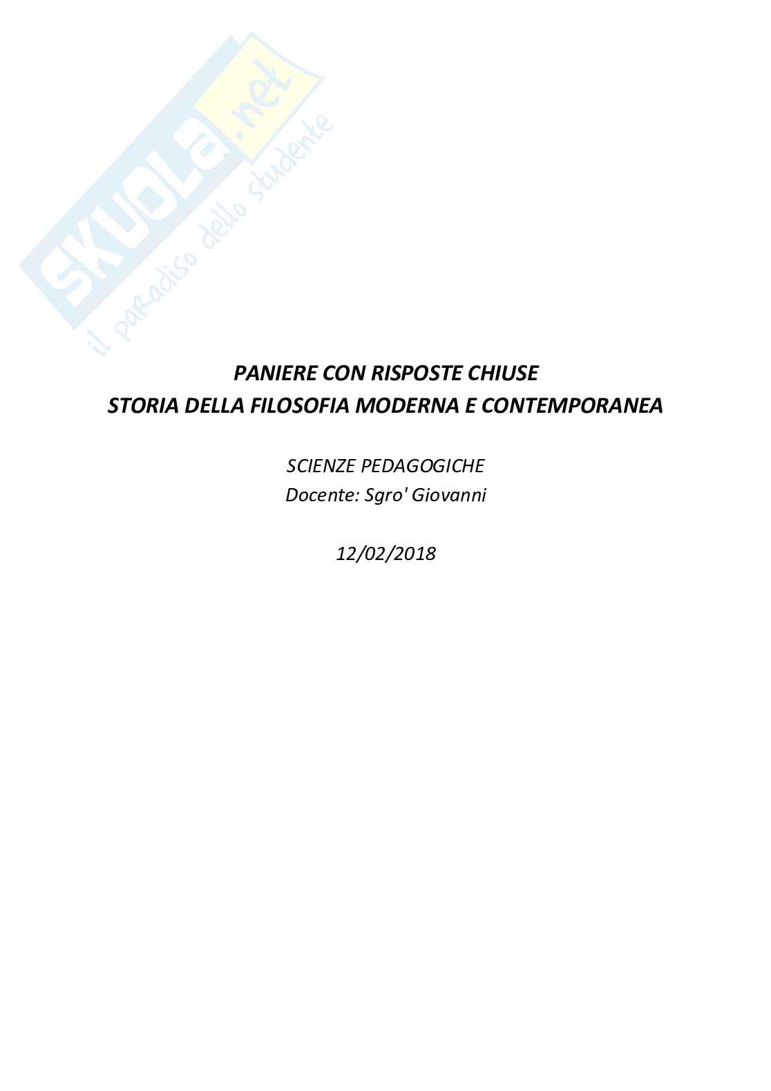 Paniere con risposte chiuse di storia della filosofia moderna e contemporanea Pag. 1