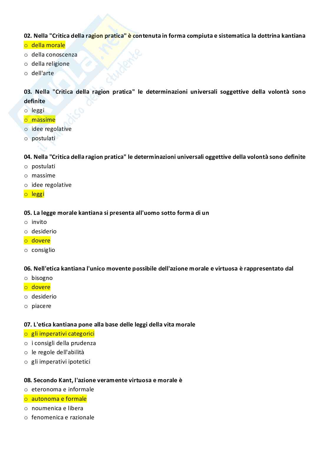 Paniere con risposte chiuse di storia della filosofia moderna e contemporanea Pag. 26