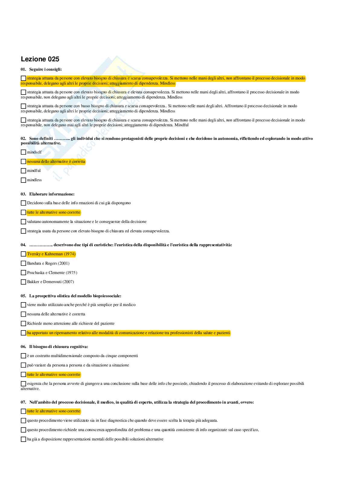 Paniere di Psicologia della salute (2026) - Risposte multiple corrette Pag. 26