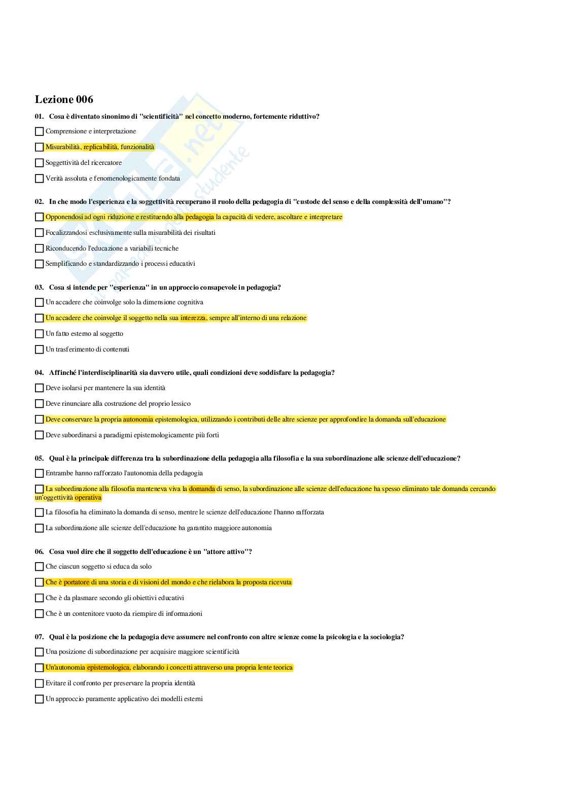 Paniere Pedagogia generale (2026) - Risposte multiple corrette Pag. 11