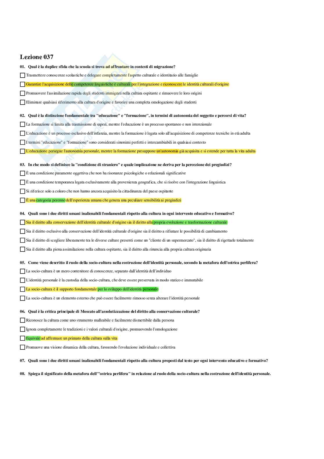Paniere Pedagogia generale (2026) - Risposte multiple corrette Pag. 66