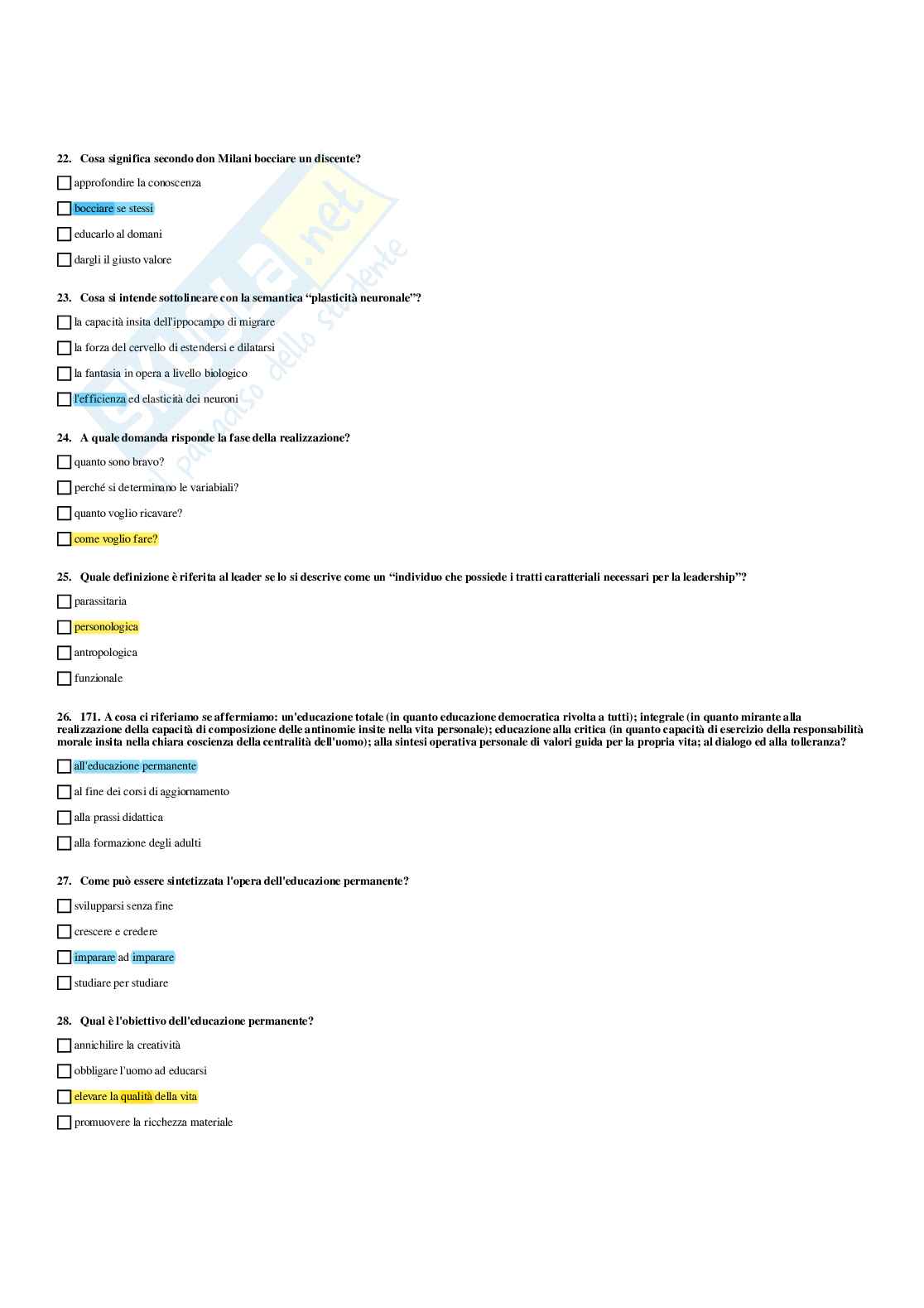 Paniere Pedagogia generale (2026) - Risposte multiple corrette Pag. 81