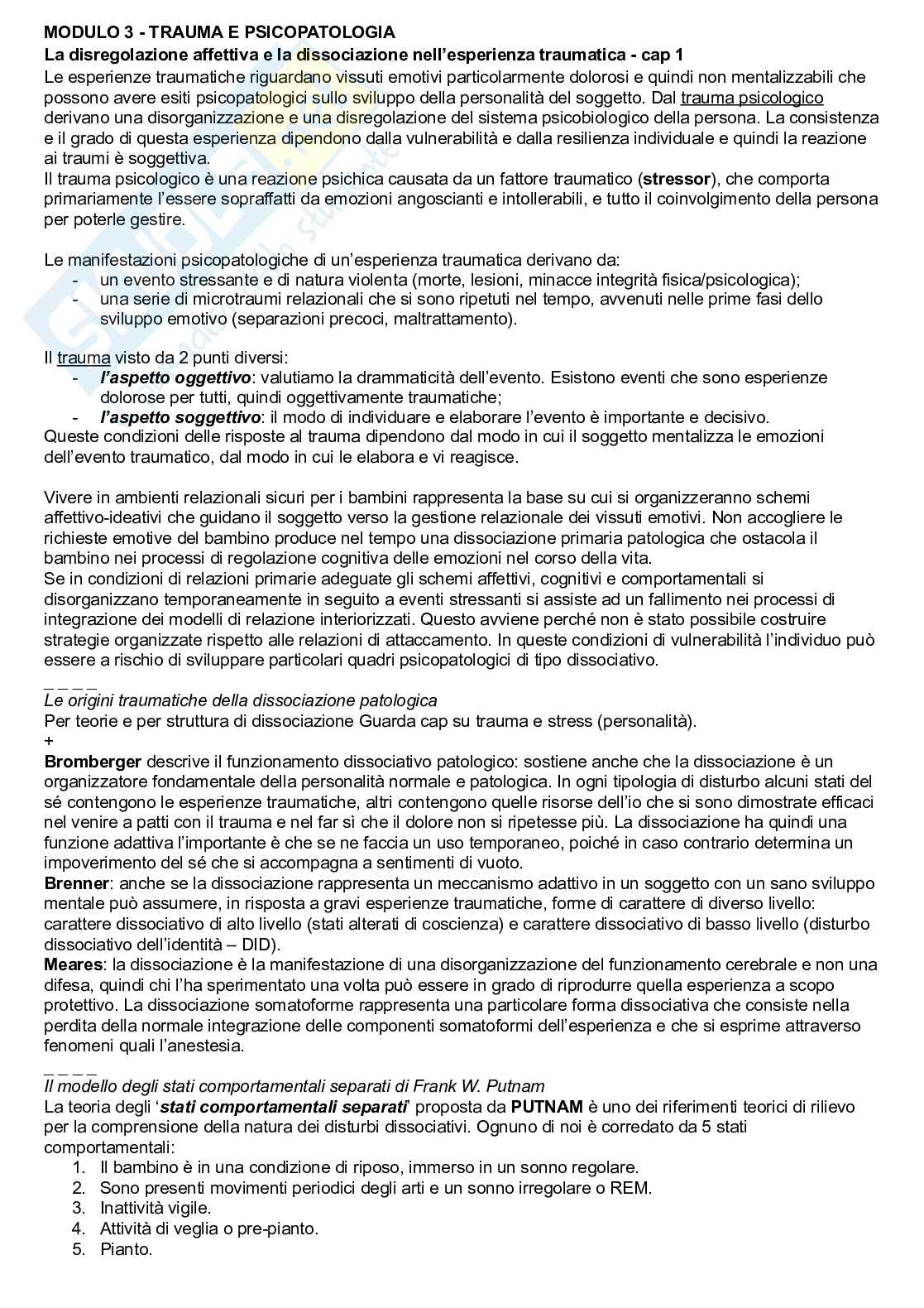 Riassunto esame Psicologia dinamica, Prof. Terrone Grazia, libro consigliato Trauma e psicopatologia, Caretti, Craparo  Pag. 1