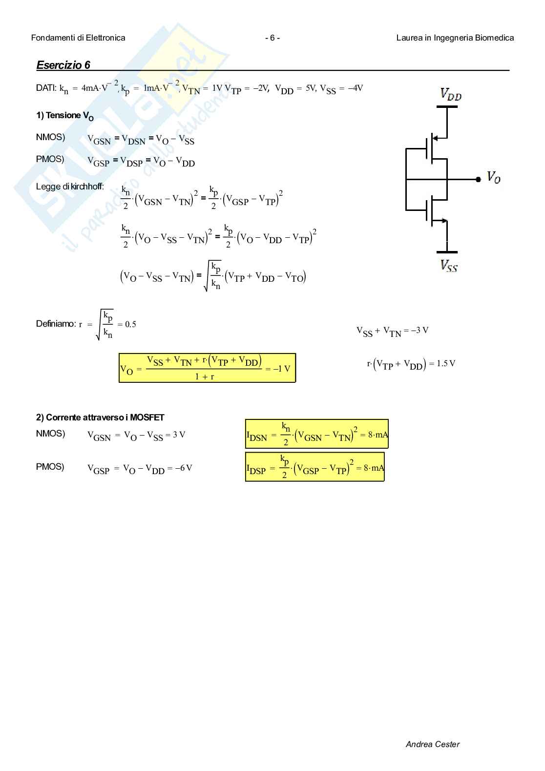 Esercizi svolti di Fondamenti di elettronica con i mosfet Pag. 6