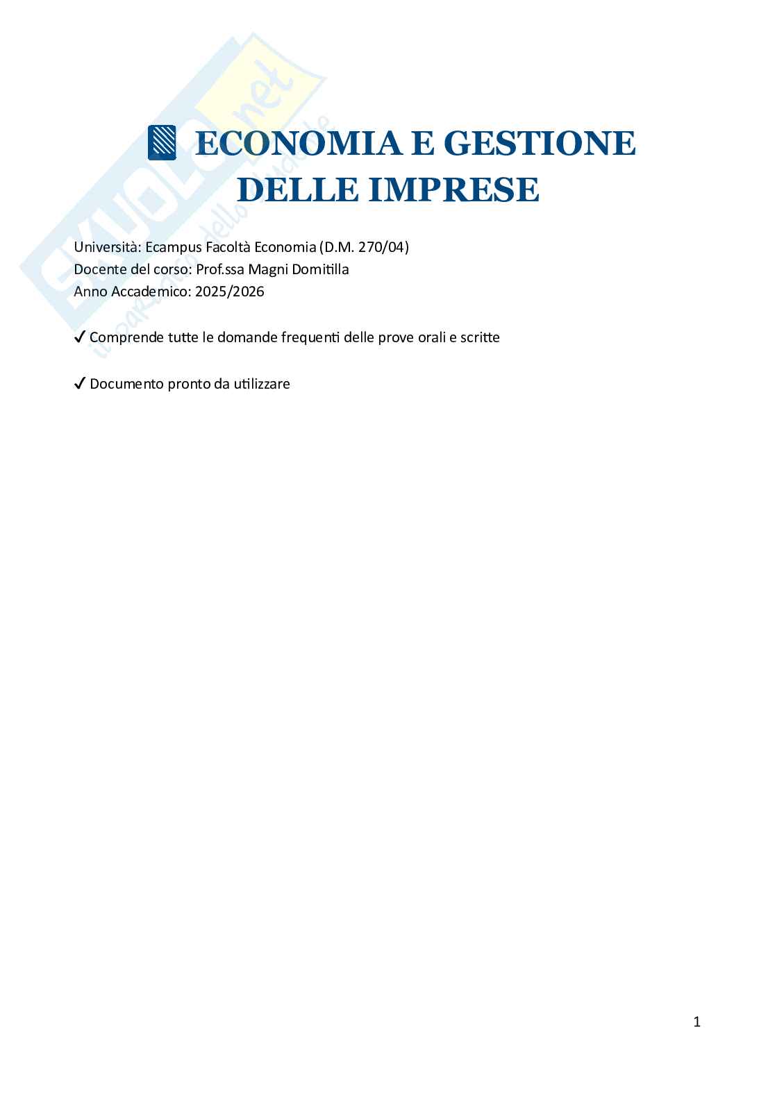 Economia e gestione delle imprese  – Paniere risposte aperte completo (72) – A.A. 2025/2026 Pag. 1