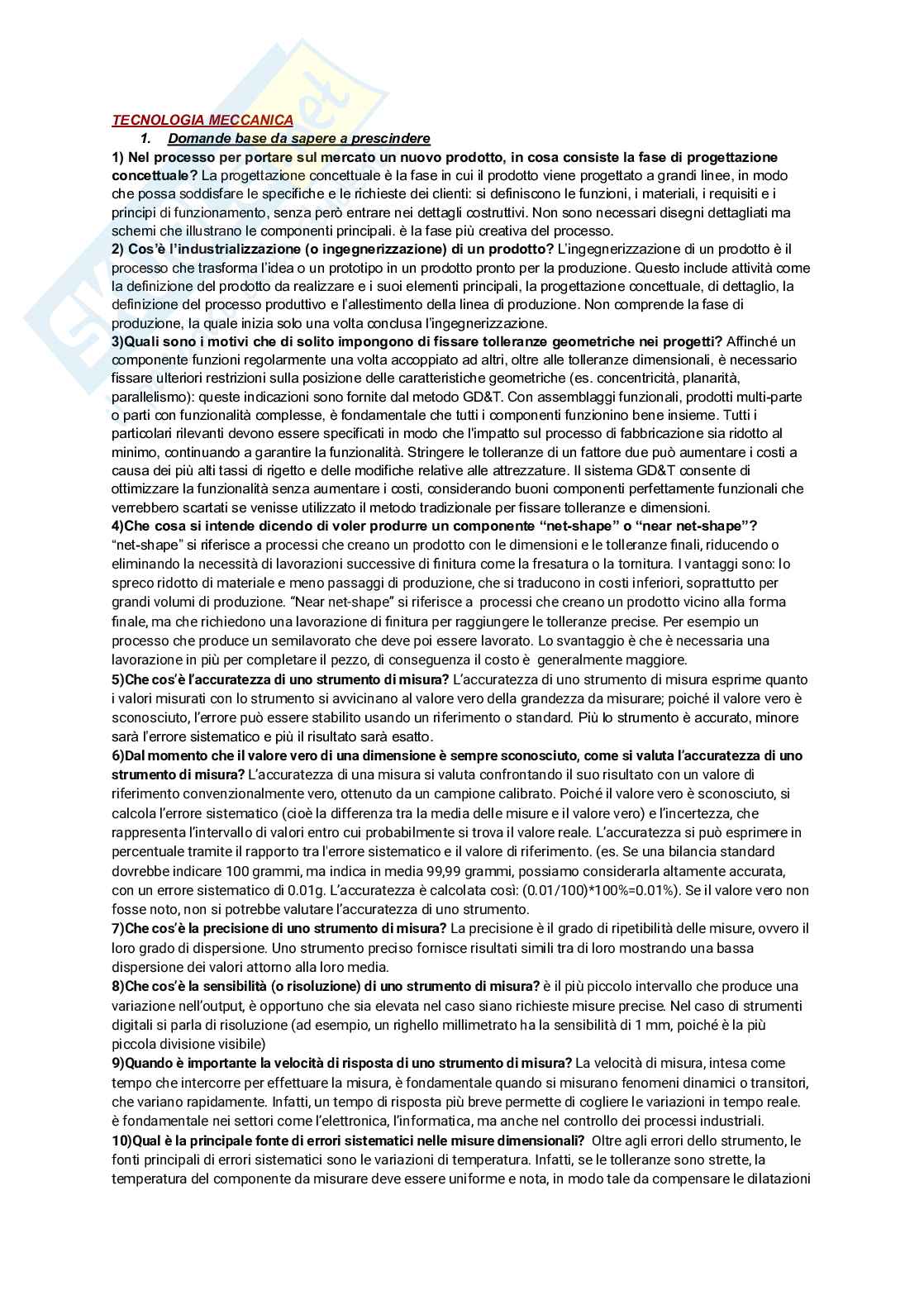 Risposte domande esame Tecnologia meccanica Pag. 1