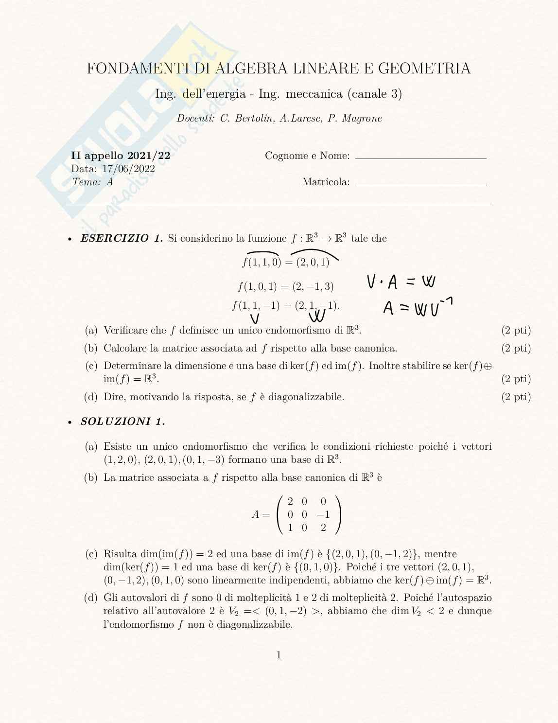Esami svolti Fondamenti di algebra lineare e geometria Pag. 1