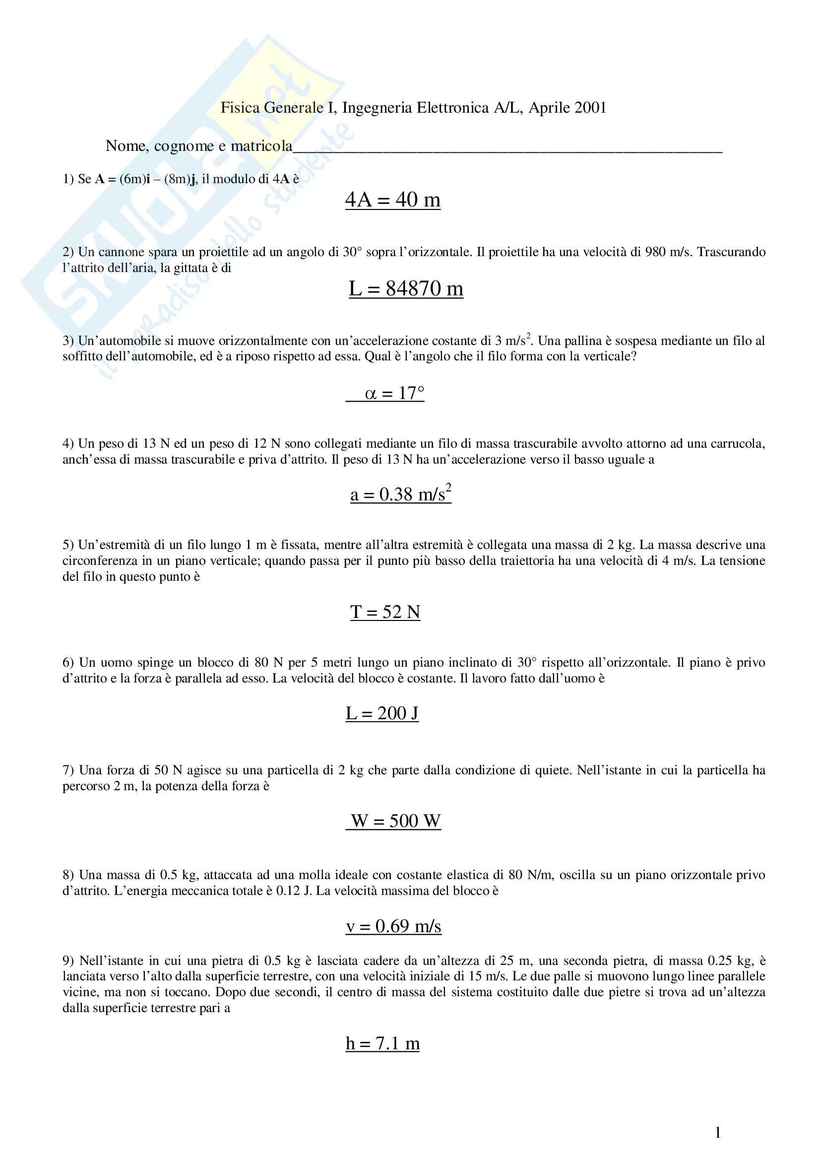 Fisica generale 1 - Esercitazioni varie Pag. 1