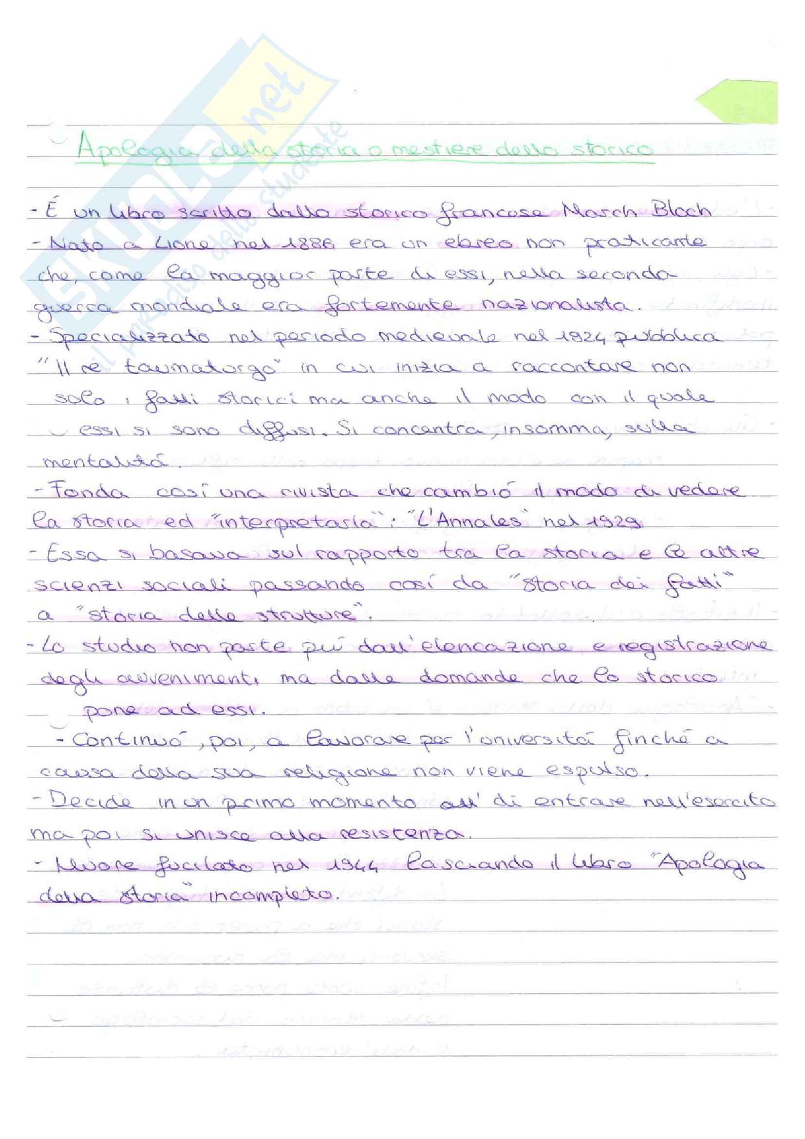 Riassunto esame Storia contemporanea, prof Maida, libro consigliato Apologia della storia Pag. 1