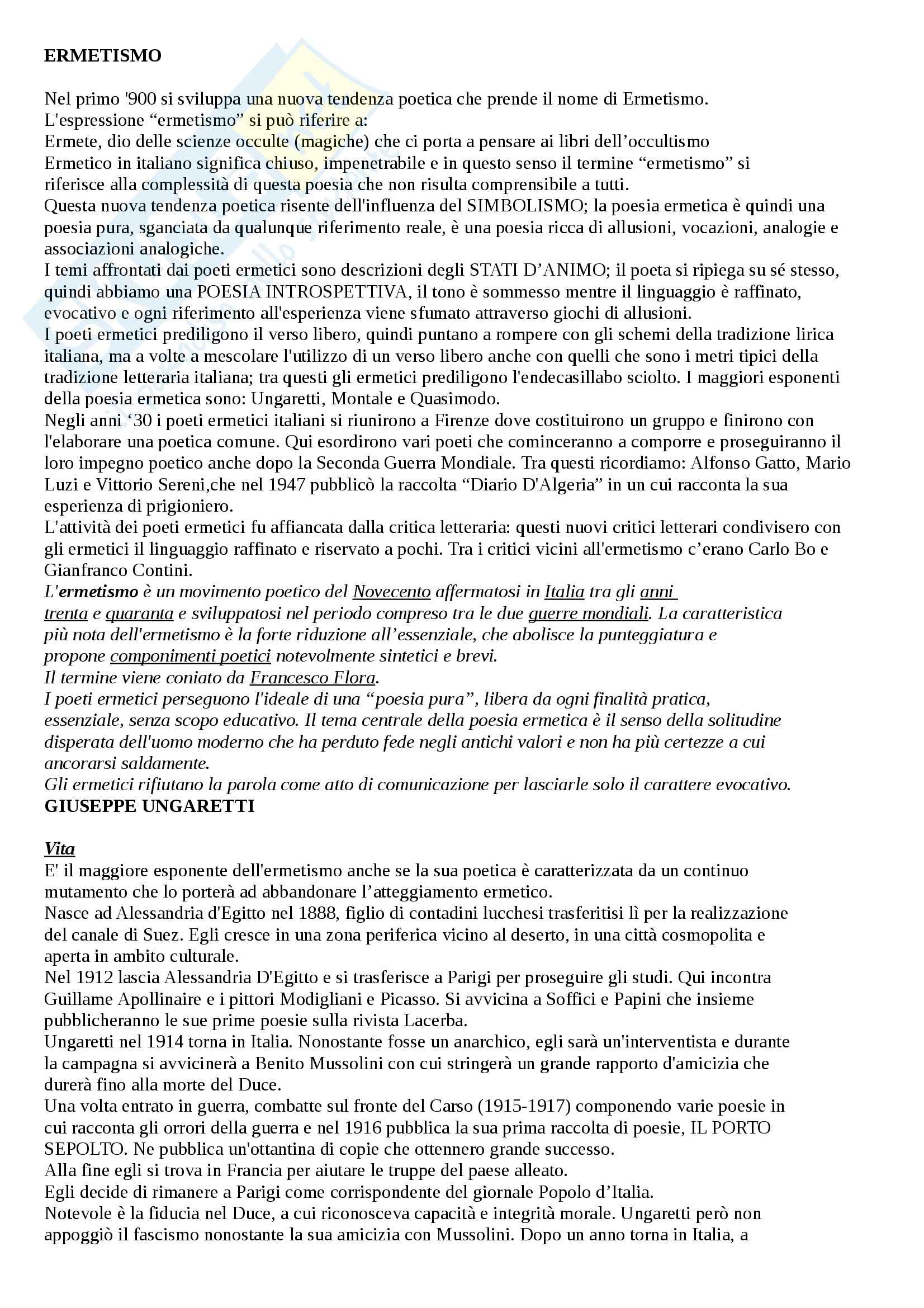 Ungaretti e Montale, Ermetismo - Appunti Pag. 1