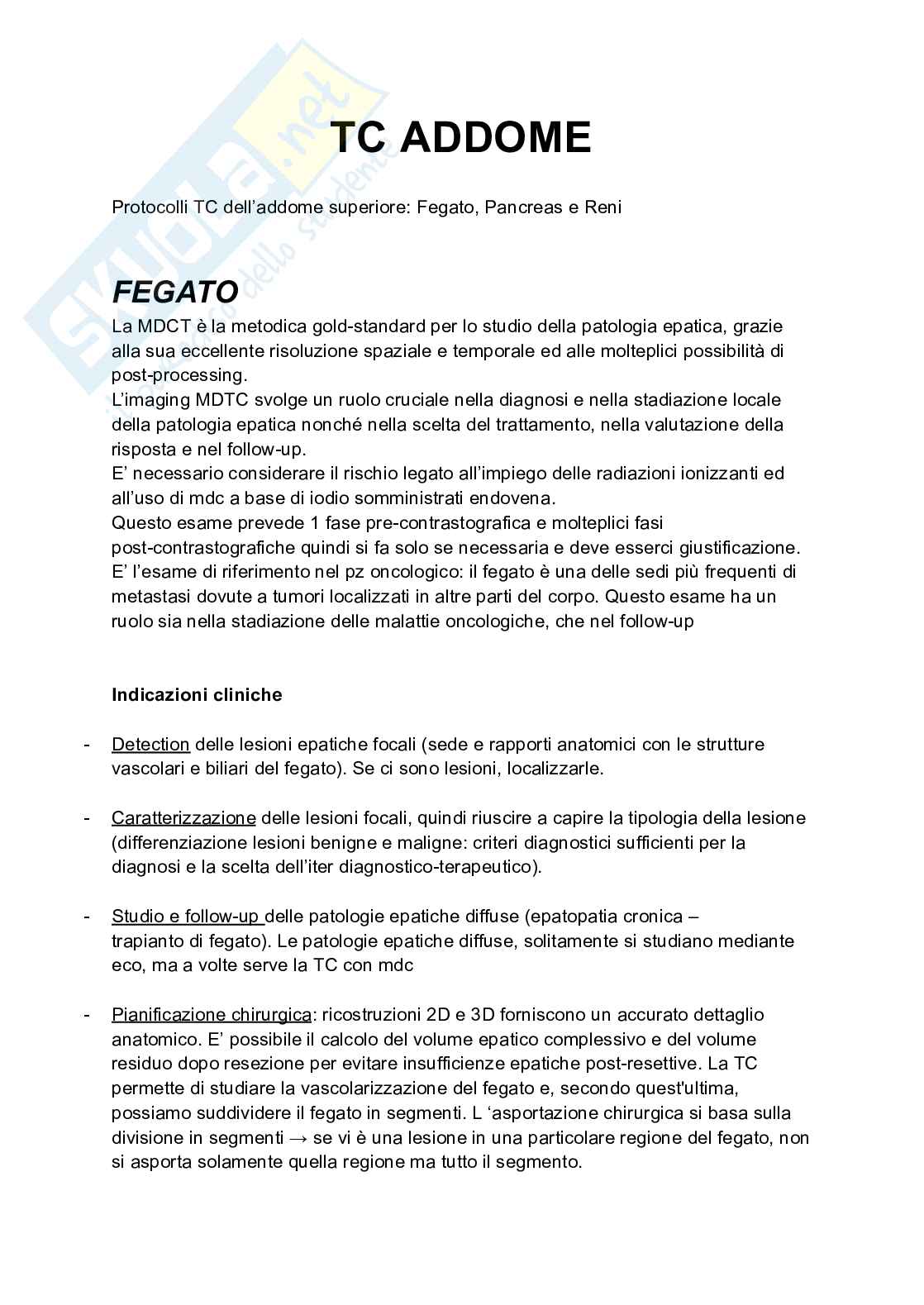 Riassunto esame Tc addome, Prof. Pecchioni Nicola, libro consigliato Diagnostica per immagni, Toricelli Pag. 1