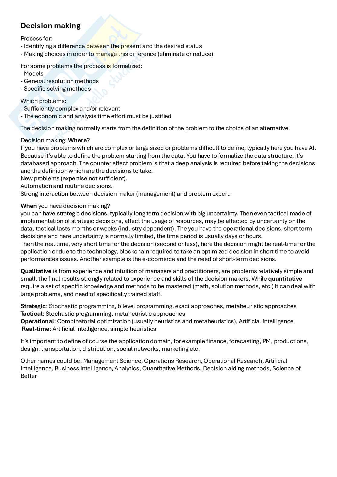 Decision Making and AI for business change Pag. 1