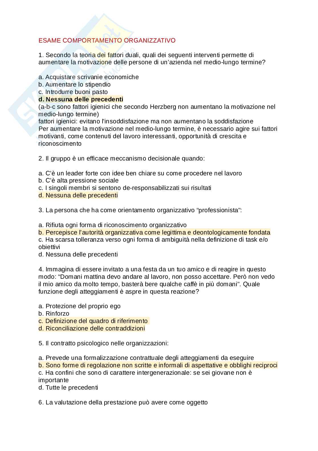 Preparazione esame Comportamento organizzativo Pag. 1