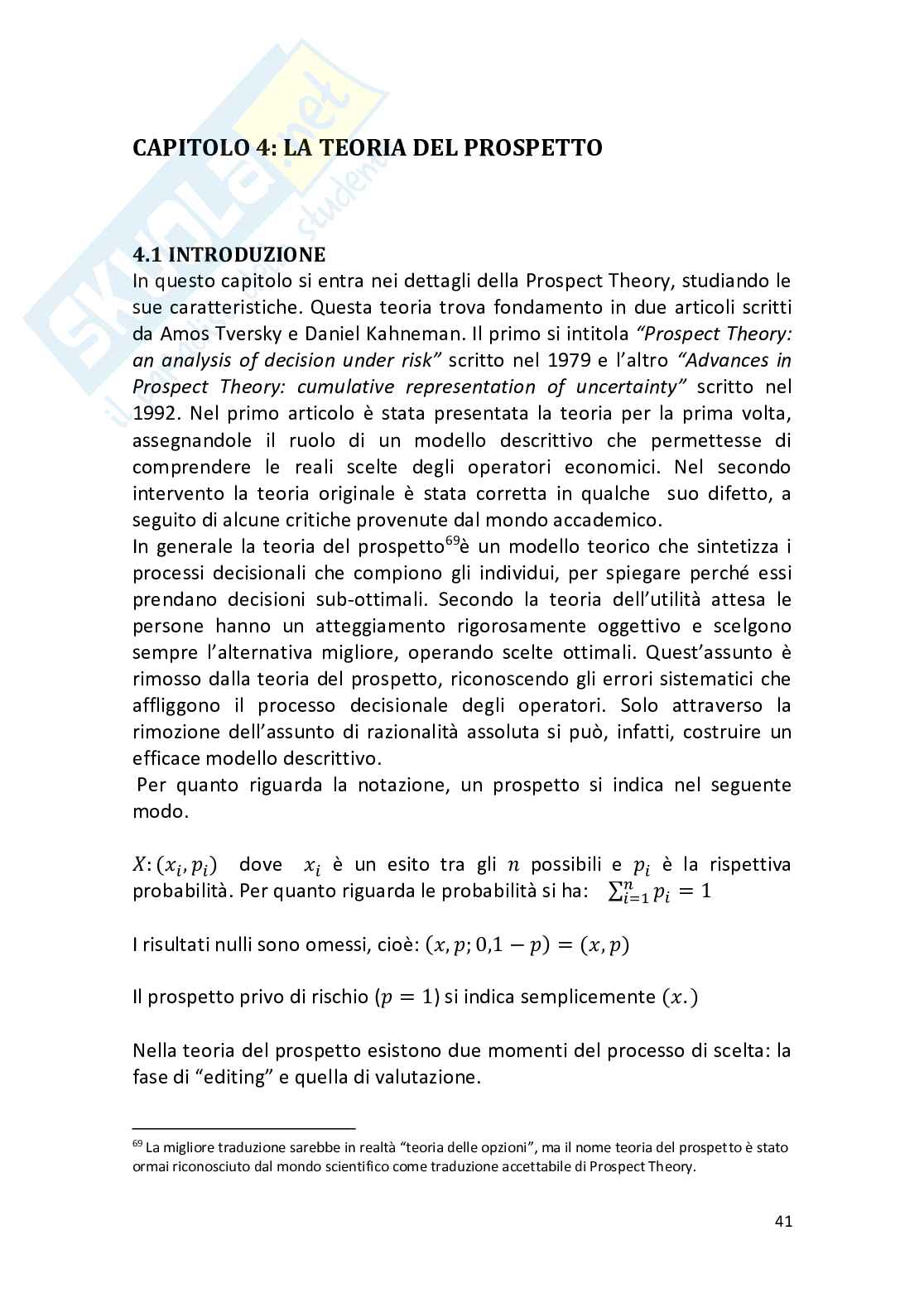Teoria del prospetto e la scelta in condizioni di incertezza Pag. 41