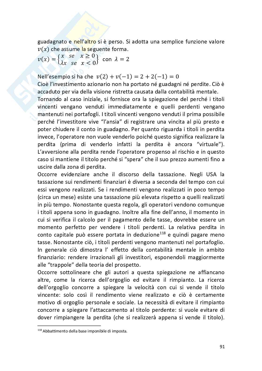 Teoria del prospetto e la scelta in condizioni di incertezza Pag. 91