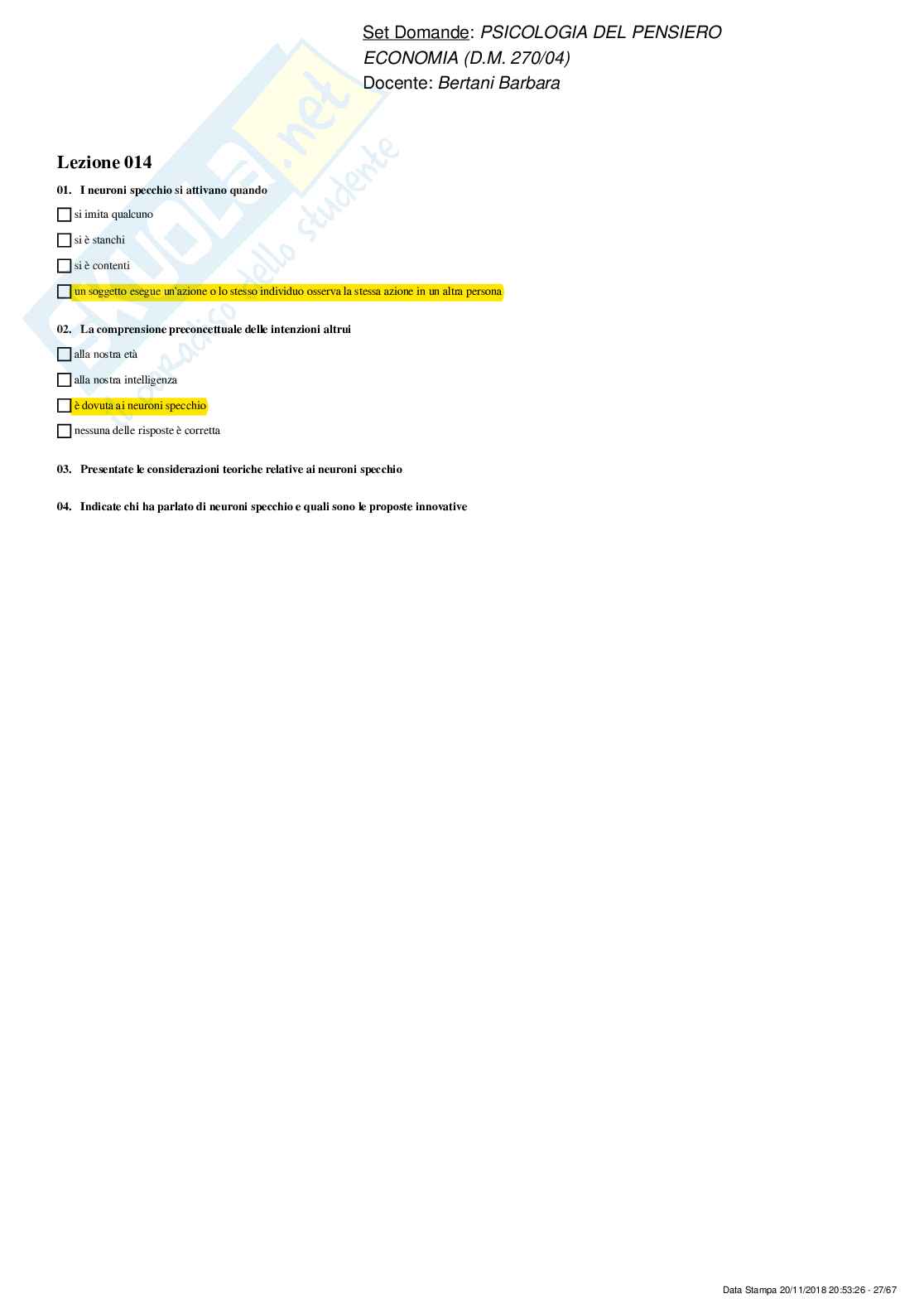 Paniere Psicologia del pensiero - risposte multiple Pag. 26