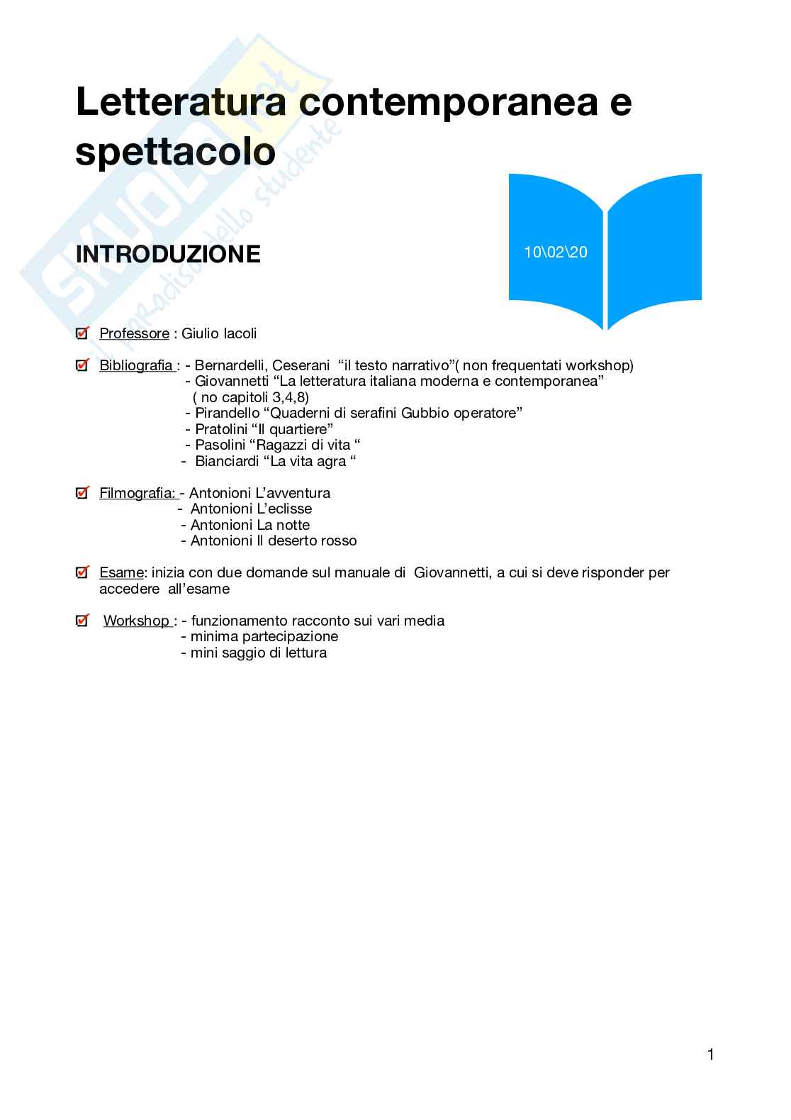 Letteratura contemporanea e spettacolo Pag. 1