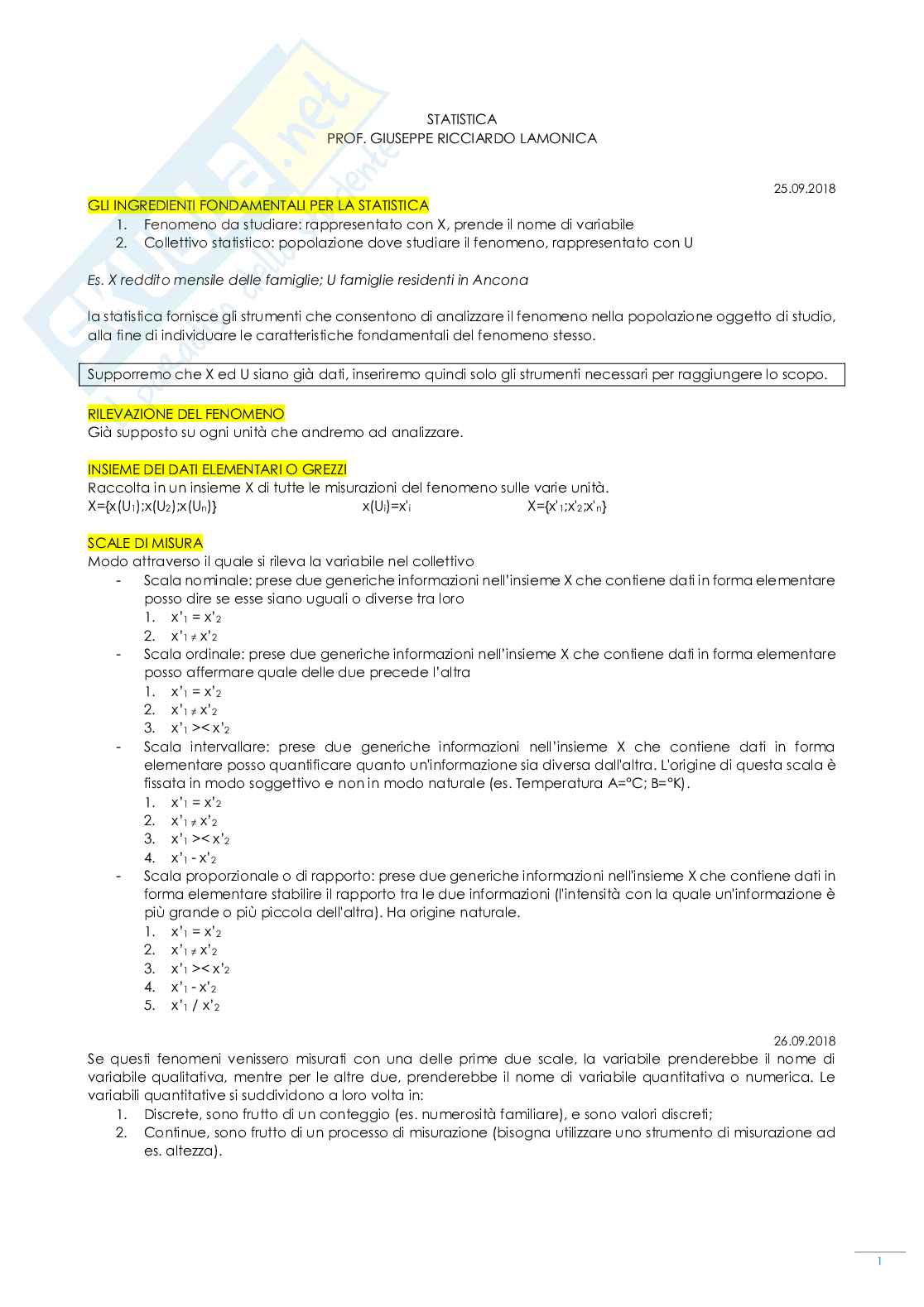 Appunti lezioni di Statistica Pag. 1