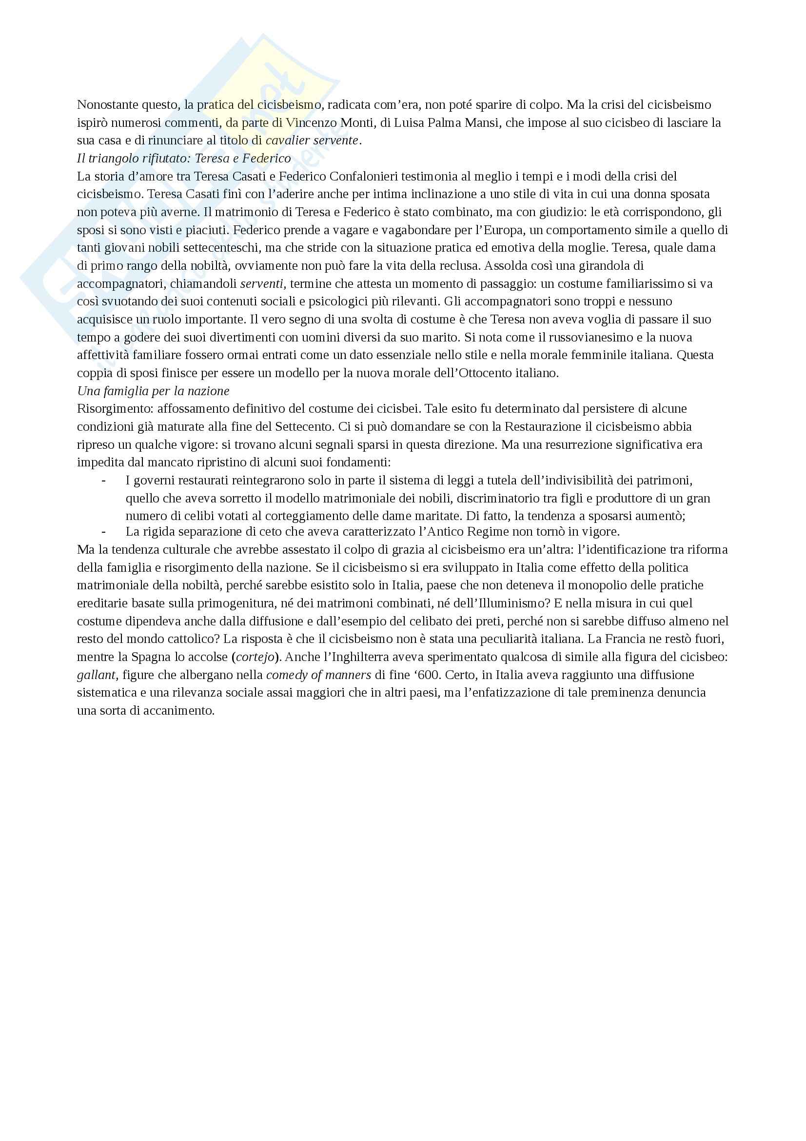 Riassunto esame Storia culturale dell'età moderna, prof. Levati, libro consigliato Cicisbei. Morale privata e identità nazionale in Italia, Bizzocchi Pag. 11
